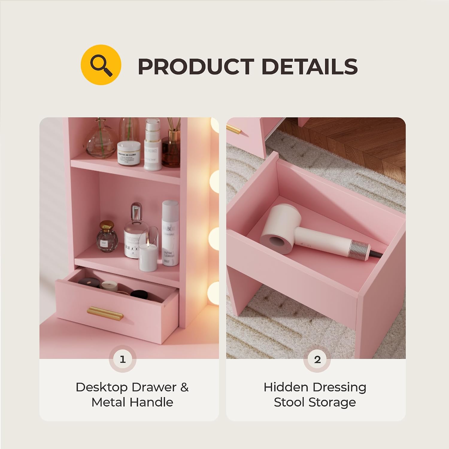 Otterease Vanity Desk with LED Lighted Mirror&Power Outlet, 3 Lighting Colors Makeup Vanity Desk with 5 Large Drawers and 3 Storage Shelves, Pink Vanity with Storage Stool for Bedroom