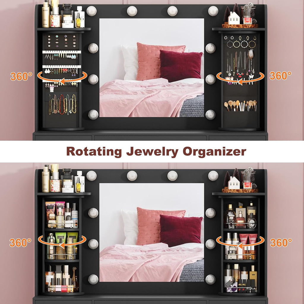 EasyCom Makeup Vanity Desk with Lights and Mirror, Vanity with Storage Rotating Jewelry Organizers, Dressing Table with USB-C Charging Station, 3 Drawers & 2 Cabinets for Bedroom, Dressing Room, Black