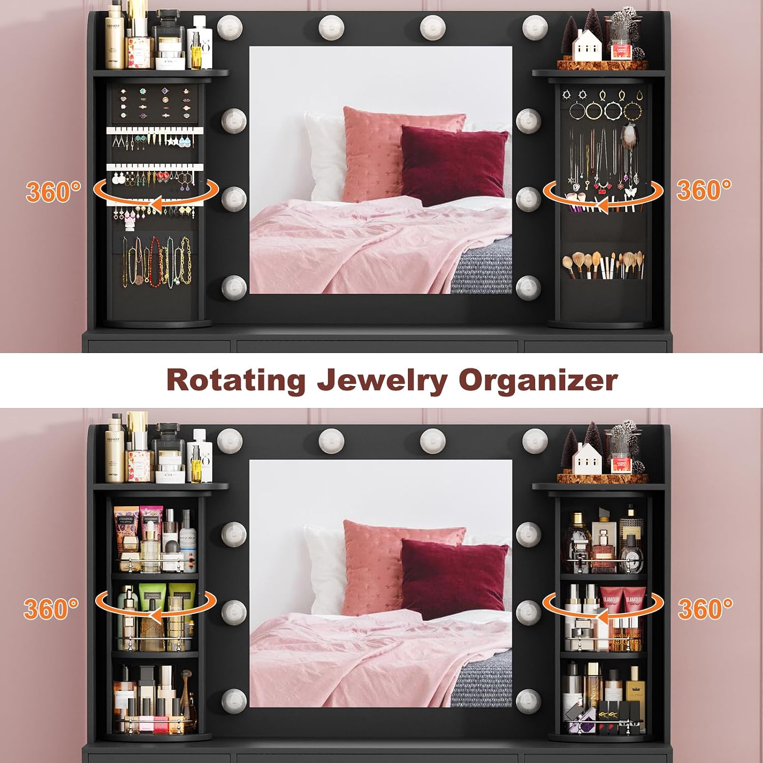 EasyCom Makeup Vanity Desk with Lights and Mirror, Vanity with Storage Rotating Jewelry Organizers, Dressing Table with USB-C Charging Station, 3 Drawers & 2 Cabinets for Bedroom, Dressing Room, Black