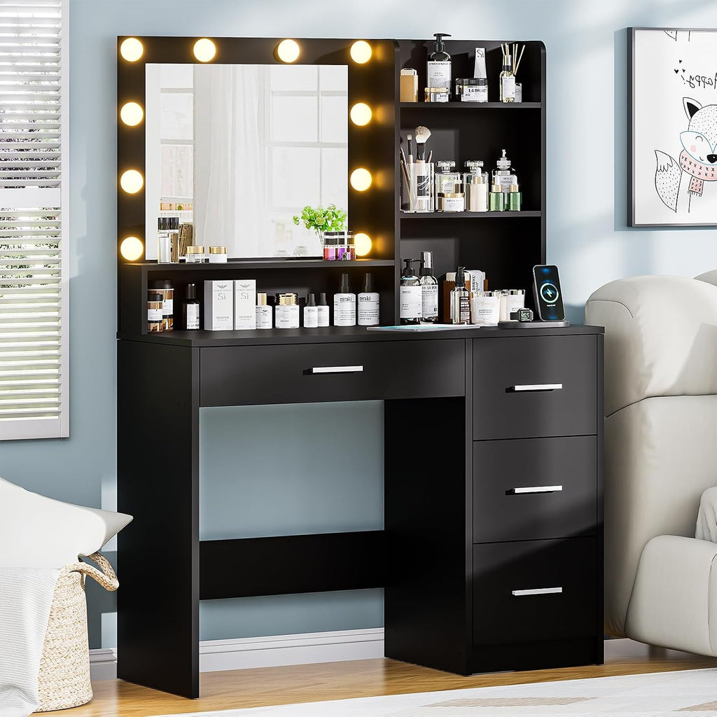 DINGIPP Vanity Desk with Lighted Mirror and Charging Station, Makeup Vanity with 4 Drawers & Storage Shelves,Makeup Desk 3 Color Lights Modes Available, Bedroom Dressing Table for Women, Girls