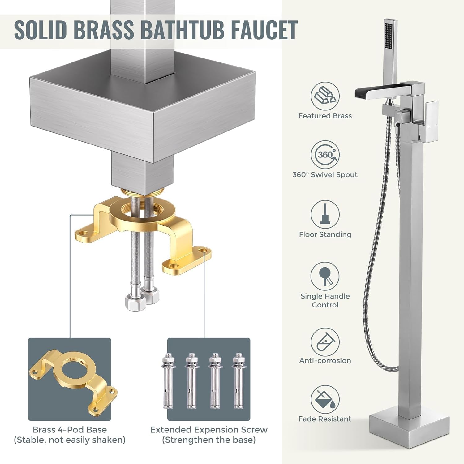 Freestanding Tub Faucet Brushed Nickel: ALEASHA High Flow Max 6.74 GPM Free Standing Tub Filler - Brass Modern Floor Mount Bathtub Faucet with Handheld Shower, for The Ultimate Elegant SPA Experience
