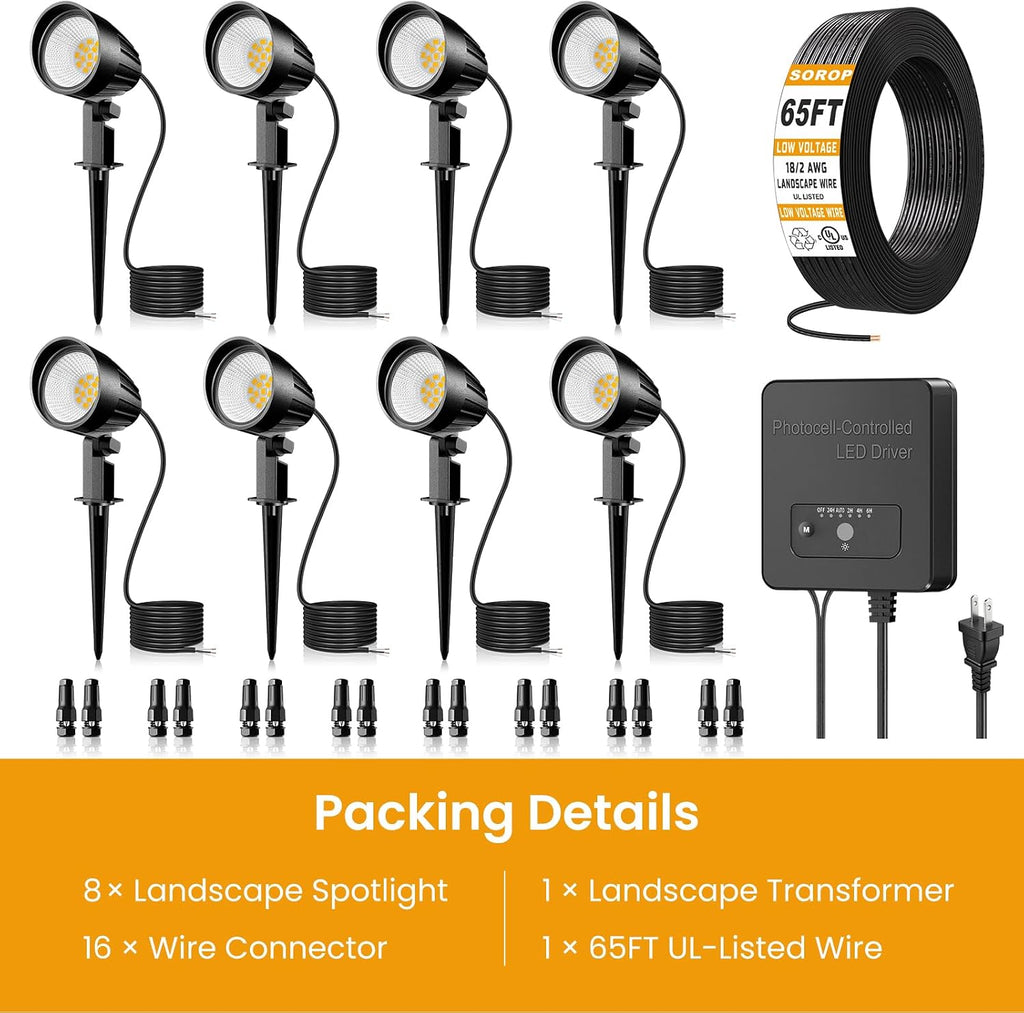 Low Voltage Landscape Lighting Kit, 12W Landscape Lights with Transformer 65FT UL-Listed Wire & Connectors, 2700K Waterproof Outdoor Garden Lights for Yard House Tree 12V-24V 8Pack