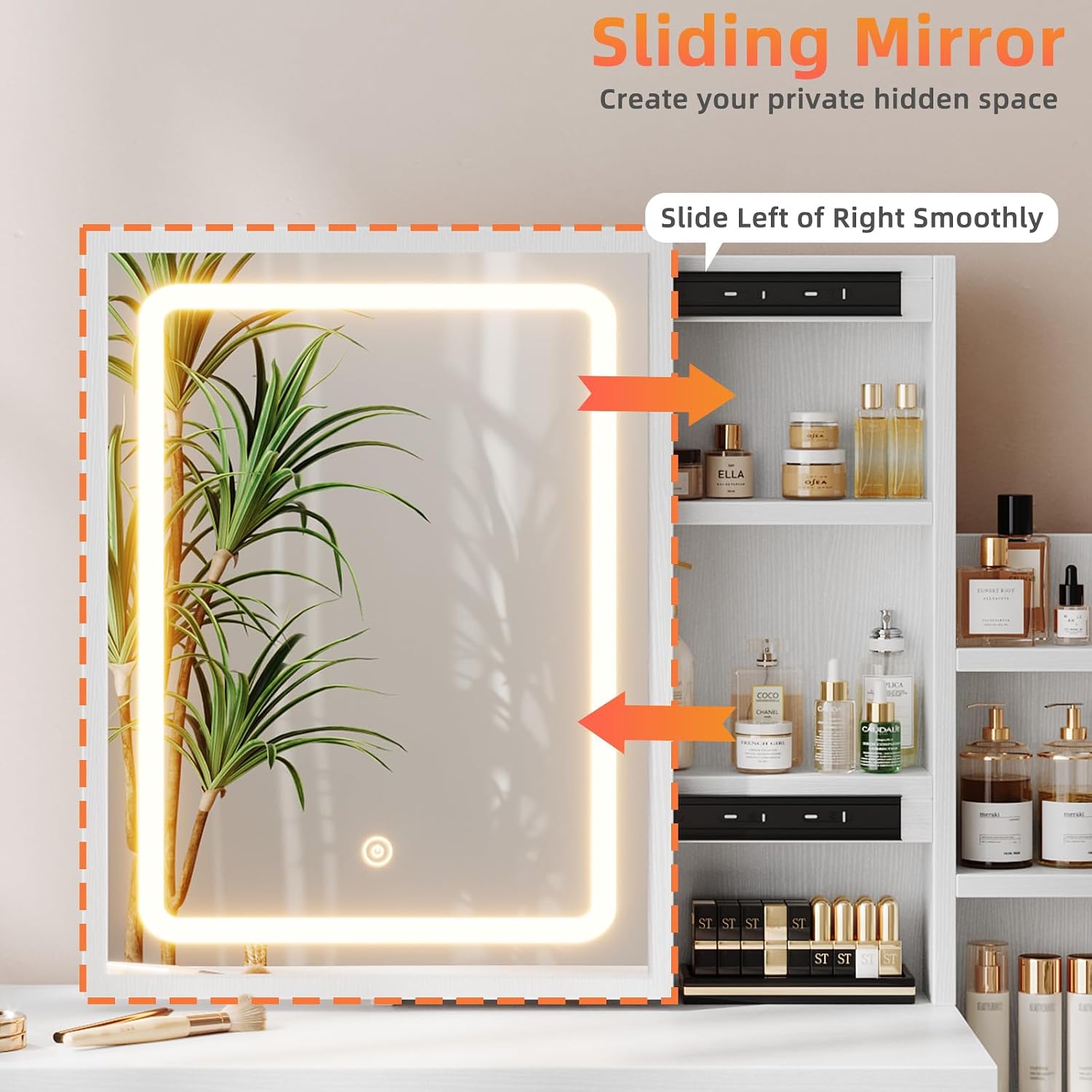 Memobarco Vanity Desk with Mirror and Lights, Makeup Vanity with 3 Adjustable Lighting Modes, Small Vanity Desk with Sliding Mirror, 4 Drawers, 7 Shelves, Vanity Chair for Bedroom White