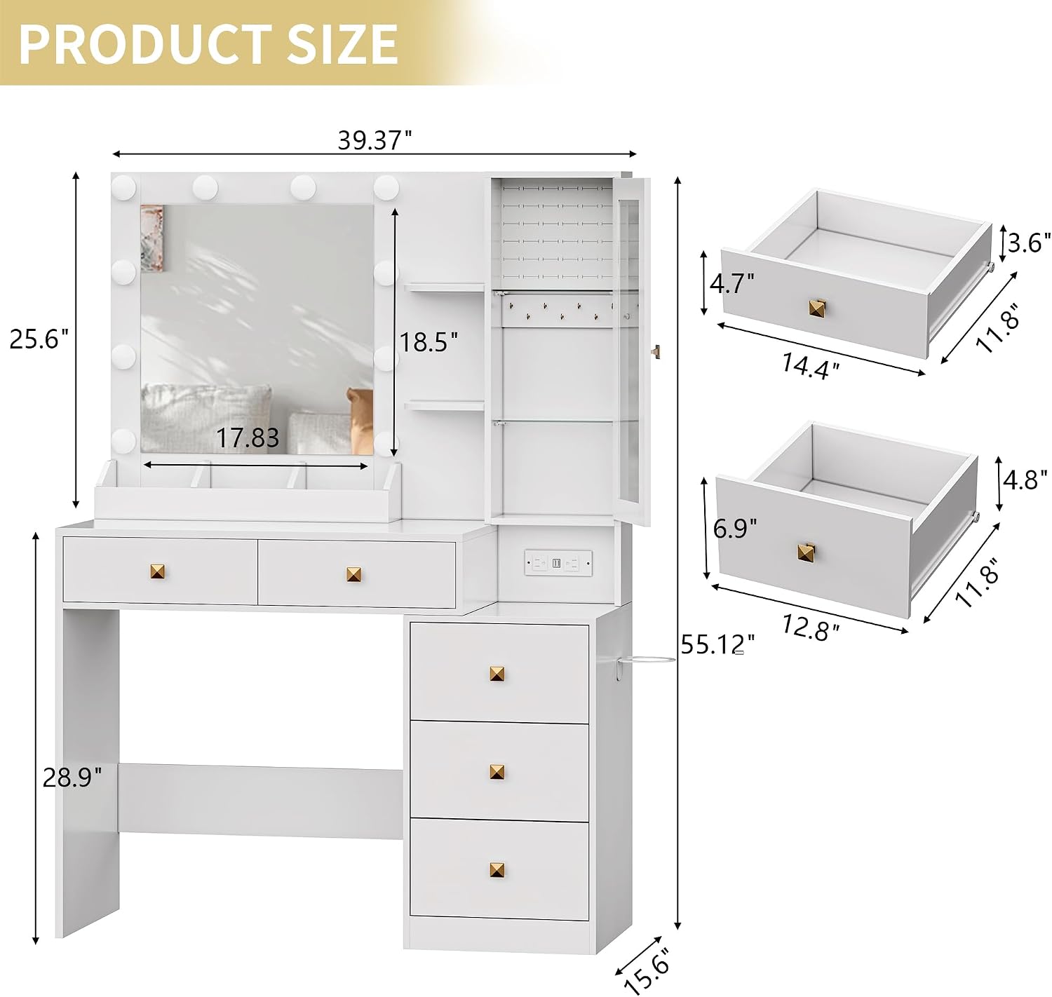Xixini Vanity Desk with Mirror and Lights, Makeup Vanity Table Set with 5 Storage Drawers, Power Outlet, Small Dressing Table with RGB Ambient Light, Adjustable Brightness for Girls Bedroom, White