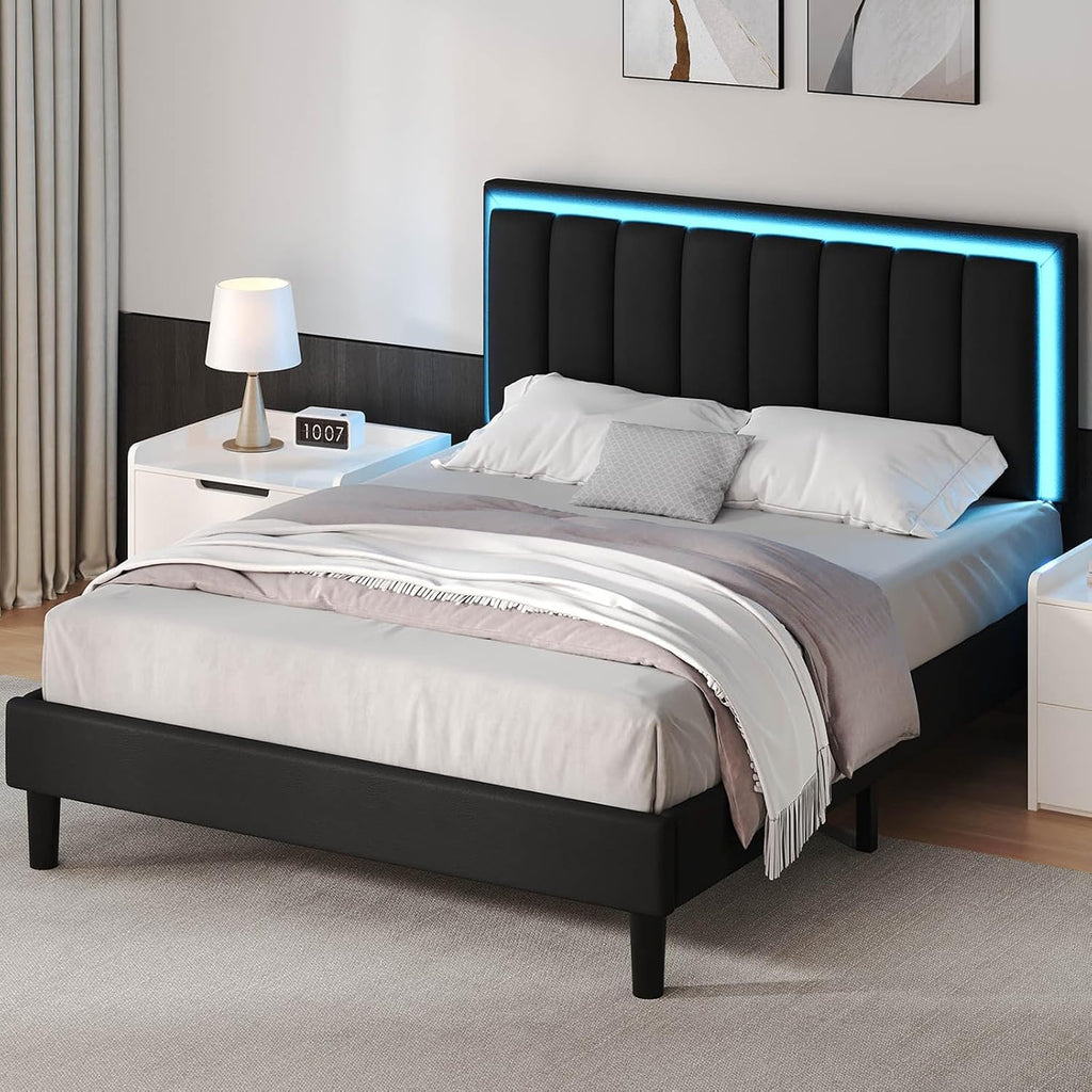 IMMERSTABLE Full Size Bed Frame with RGB LED Lights, Upholstered Platform Bed Frame with Headboard, Wood Slat Support, No Box Spring Needed, Quiet Design, Easy Assembly, Black