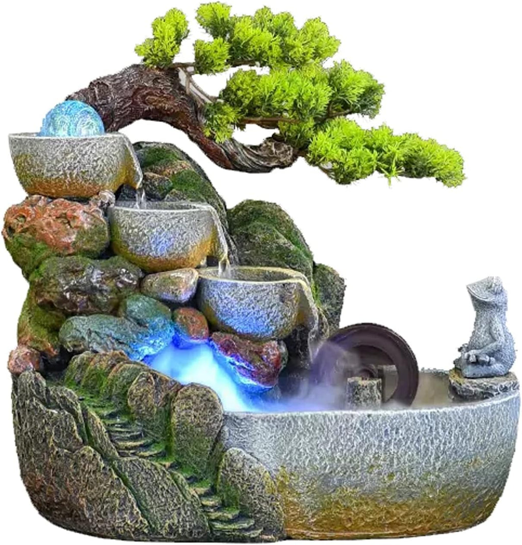 Tabletop Fountain Indoor Desktop Fountain Waterfall Zen Meditation Feature with Automatic Pump Artificial Trees and Illuminated for Home Office Bedroom Desk Décoration(Medium)