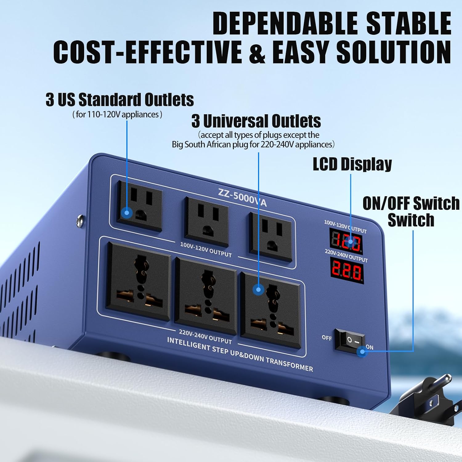 5000W Voltage Converter Transformer Step Up/Down 110V/120V to 220V/240V, Auto Voltage Recognition, Heavy Duty Power Converter with 6 Outlets, LCD Display & Circuit Breaker for Home, International Use