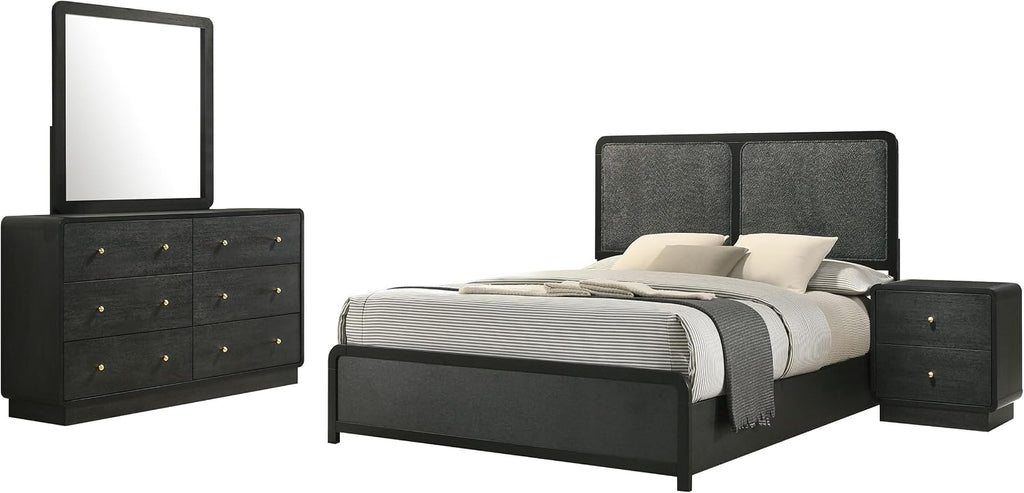 Coaster Home Furnishings - Cavelle - Wood - 4-Piece Bedroom Set with Panel Bed, Metal Knobs, and Upholstered Headboard - Bedroom - Full Size - Black - 223661F-S4