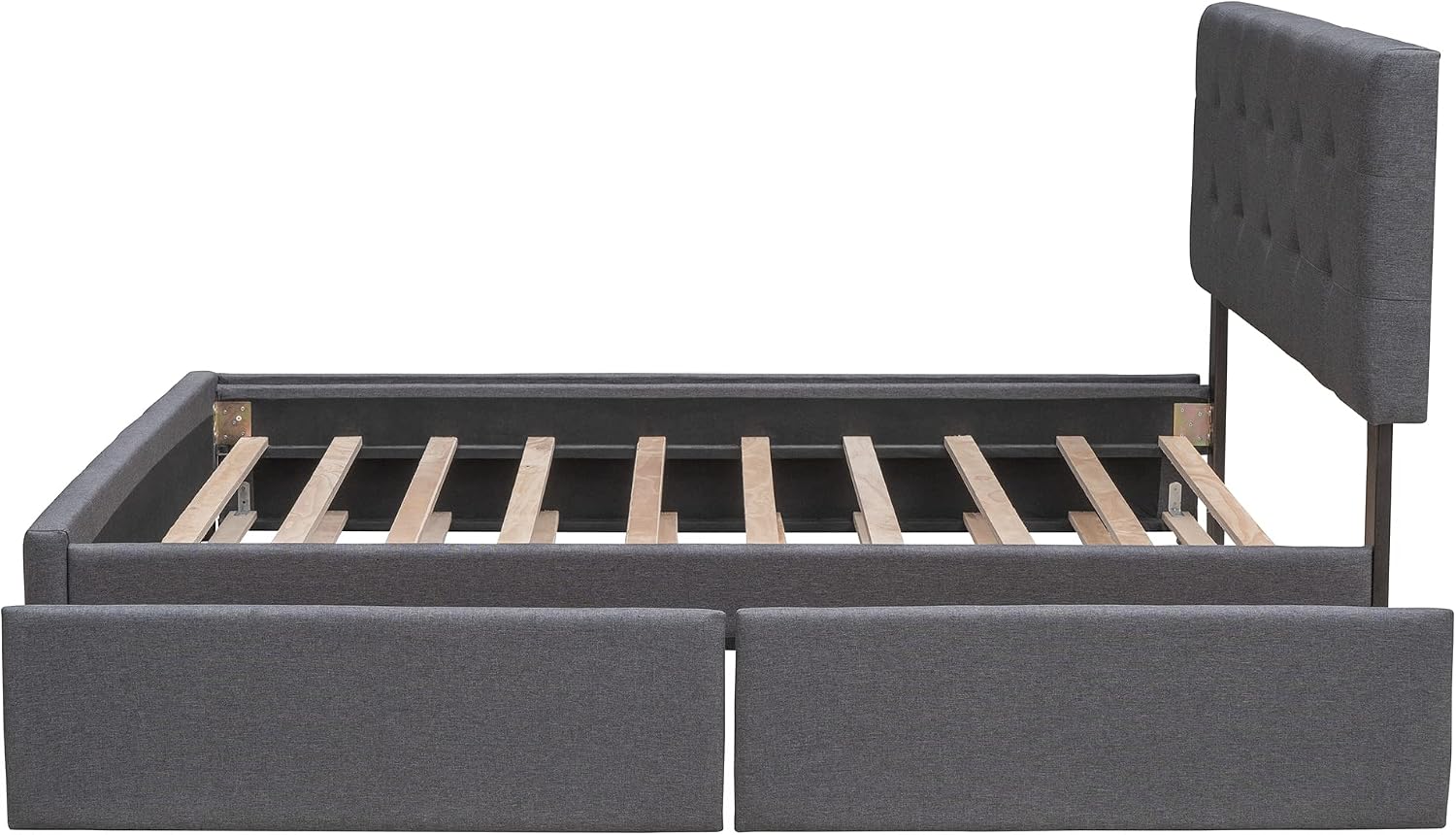 Merax Queen Size Upholstered Bed with 2 Storage Drawers and Twin XL Trundle, Solid Wood Platform Bed No Box Spring Needed, Dark Grey