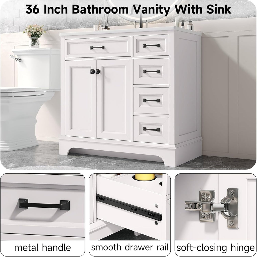 ONBRILL 36' Luxurious Bathroom Vanity with Ceramic Sink, Modern Freestanding Bathroom Single Sink Vanities Cabinet with 2 Soft Closing Doors & 2 Drawers, Adjustable Shelf & Paint Surface (White)