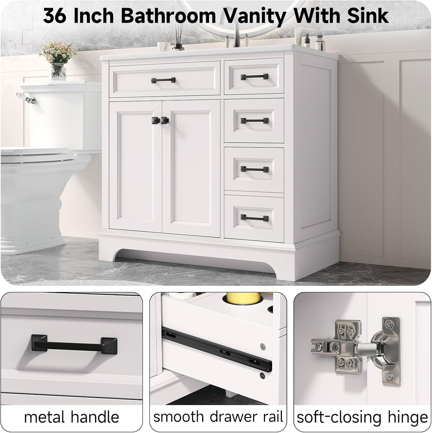ONBRILL 36' Luxurious Bathroom Vanity with Ceramic Sink, Modern Freestanding Bathroom Single Sink Vanities Cabinet with 2 Soft Closing Doors & 2 Drawers, Adjustable Shelf & Paint Surface (White)