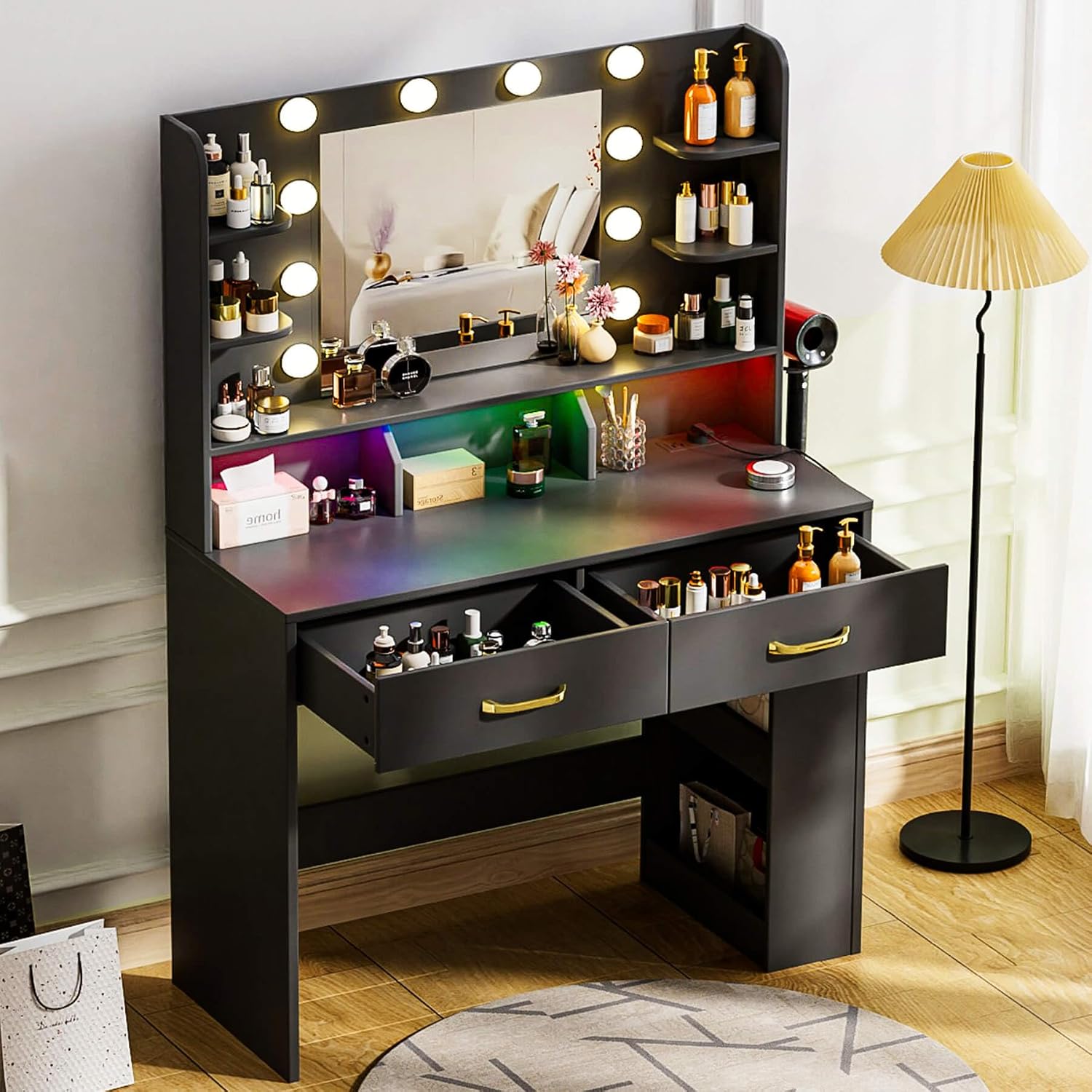 COMHOMA Vanity Desk with Lighted Mirror and Power Outlet, RGB LED Lights Makeup Vanity Set for Girls, Large Storage Capacity Dressing Table for Bedroom, 3 Lighting Modes Adjustable Brightness, Black