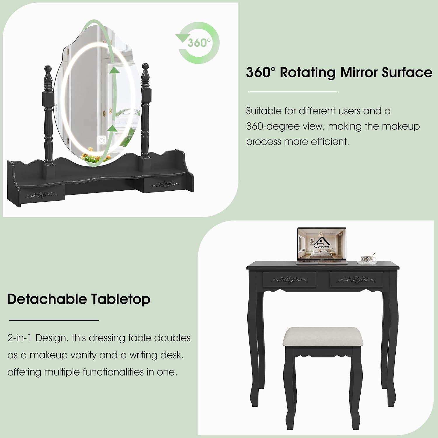 Vanity Desk with Mirror and Lights, Modern Vanity Makeup Table and Cushioned Stool Set with 4 Drawers, 3 Color Lighting Modes with Adjustable Brightness, Dressing Table Set for Bedroom (Black Vanity)