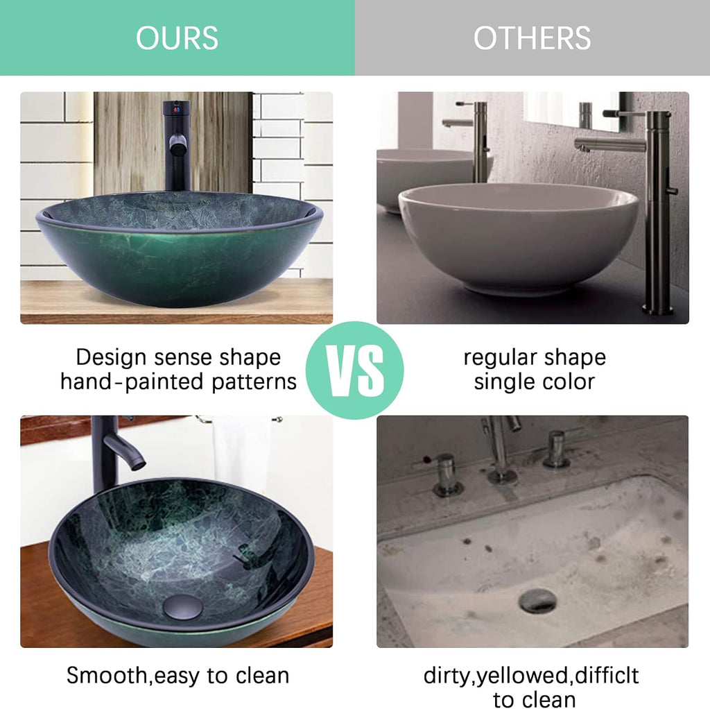 Vessel Sink 16.5' Bathroom Sinks Tempered Glass Green Art Basin Round Bowl with Faucet Combo Green,Countertop Bowl Sink for Lavatory Vanity Cabinet