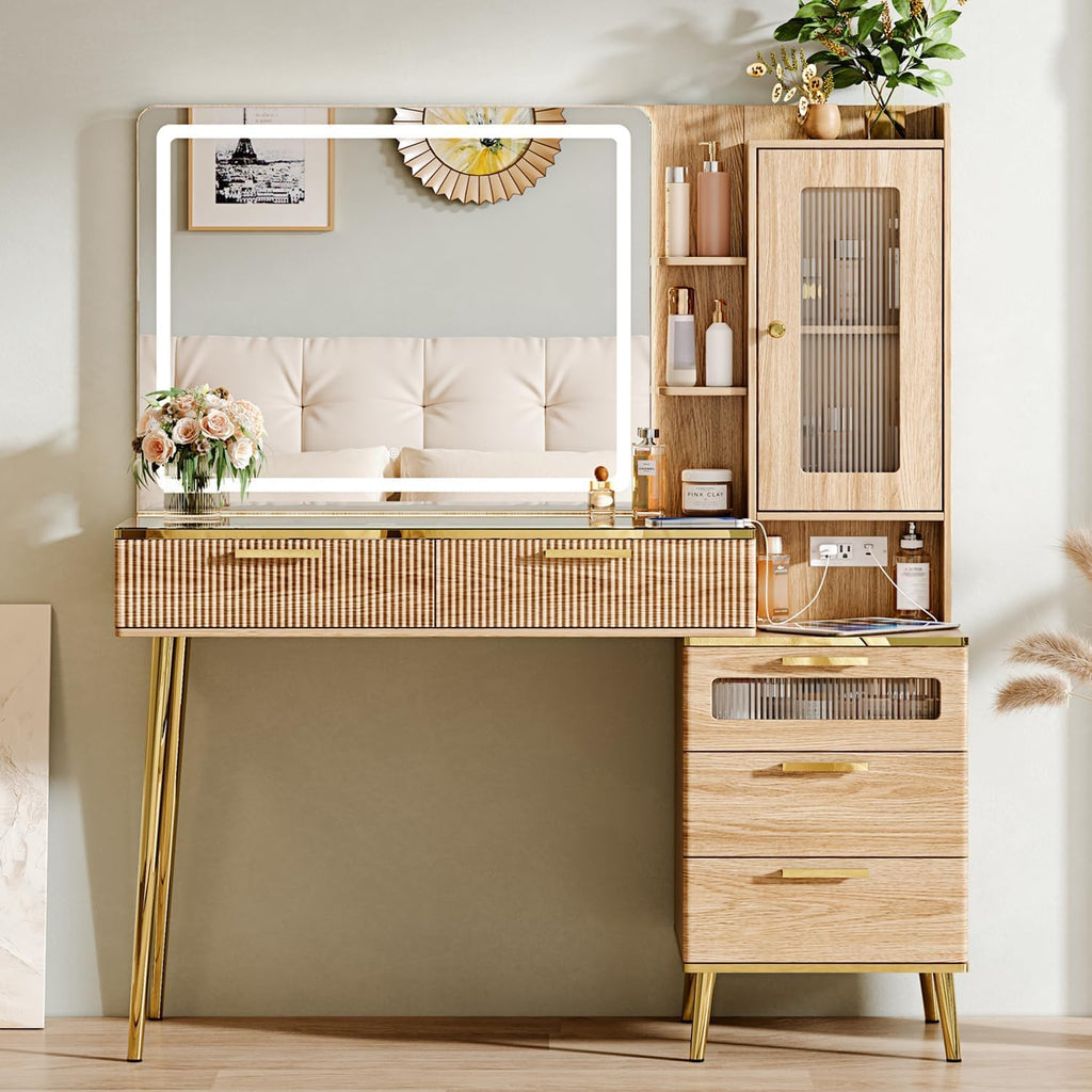 Arulvmrn Vanity Desk with 29.53' HD Lighted Mirror, 47.24' Big Modern Vanity Desk with Mirror and Lights, Makeup Vanity with 5 Drawers and Storage Shelves and Charging Station, Oak