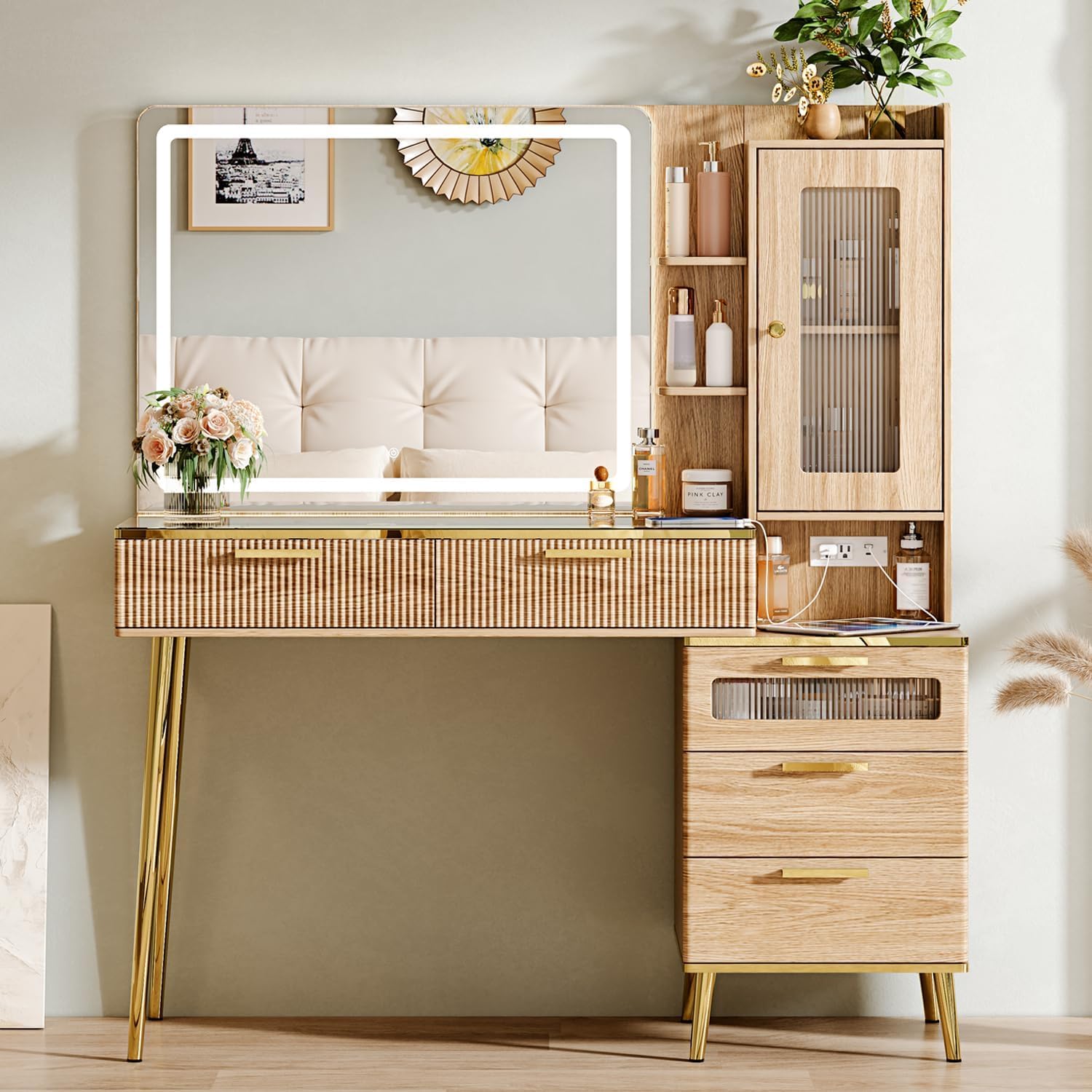 Arulvmrn Vanity Desk with 29.53' HD Lighted Mirror, 47.24' Big Modern Vanity Desk with Mirror and Lights, Makeup Vanity with 5 Drawers and Storage Shelves and Charging Station, Oak
