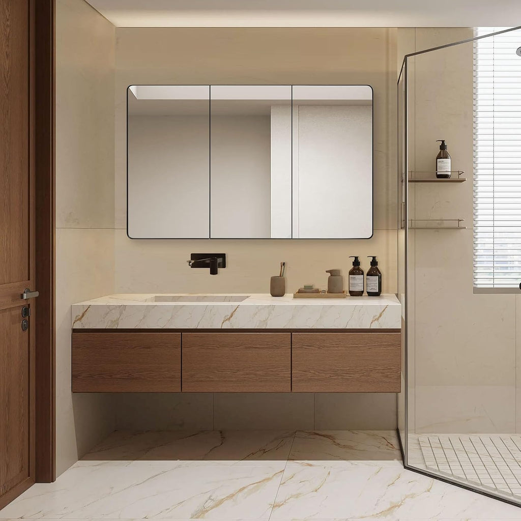 IDYLLOR Bathroom Mirror Medicine Cabinet with Round Corner Framed Door 48 x 30 inch, Black，Recessed or Surface Mount, with Adjustable Glass Shelves