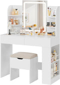 YESHOMY Makeup Vanity, Mirror Jewelry Cabinet, Lockable Swivel Storage Organizer Armoire with LED Light Shelves, White