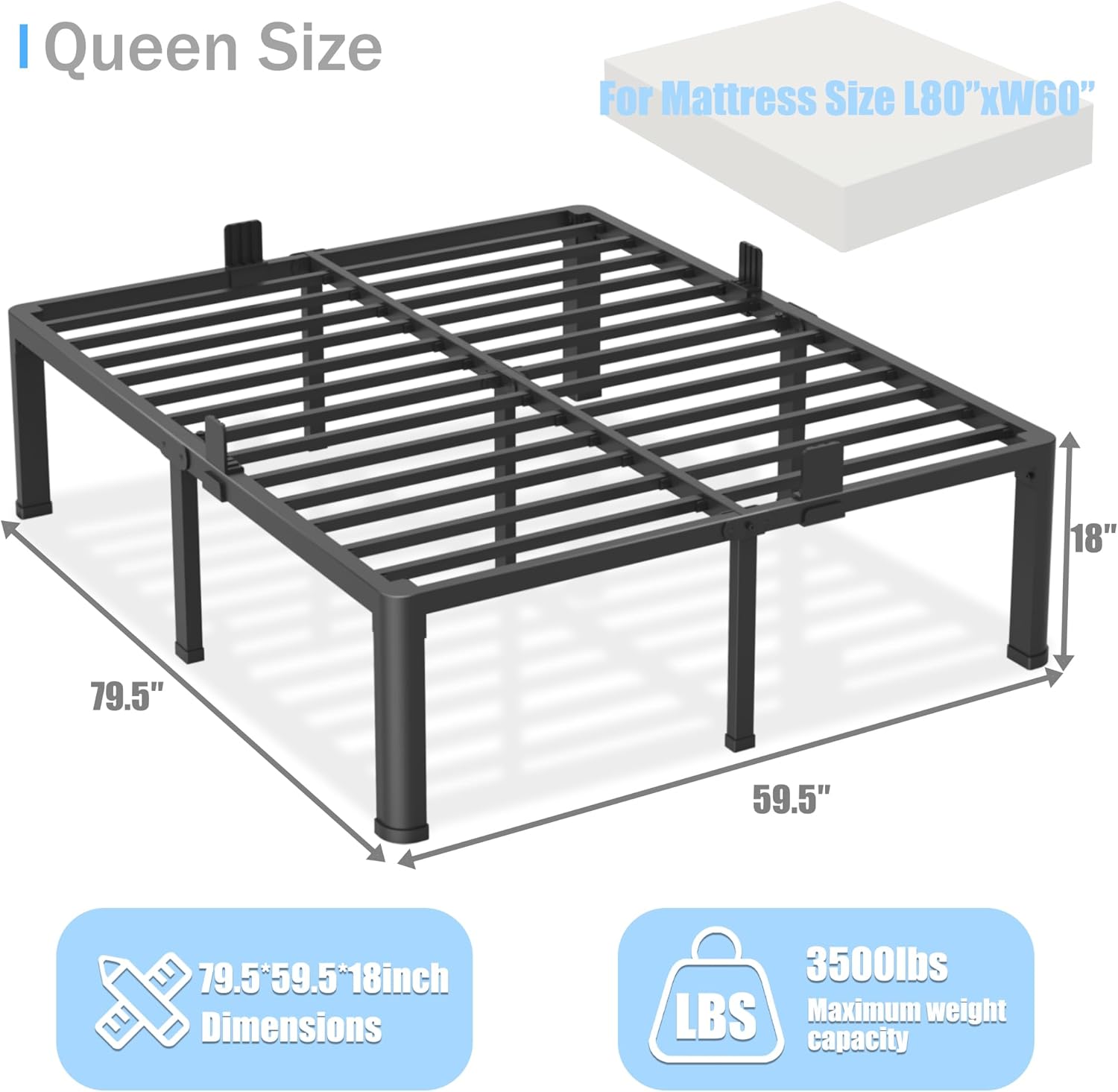 Yitong Angel 18 inch Queen Bed Frame with Round Corner Legs Mattress Slide Stopper,3500 lbs Heavy Duty Metal Platform,Steel Slats Support,No Box Spring Needed,Easy Assembly,Noise Free