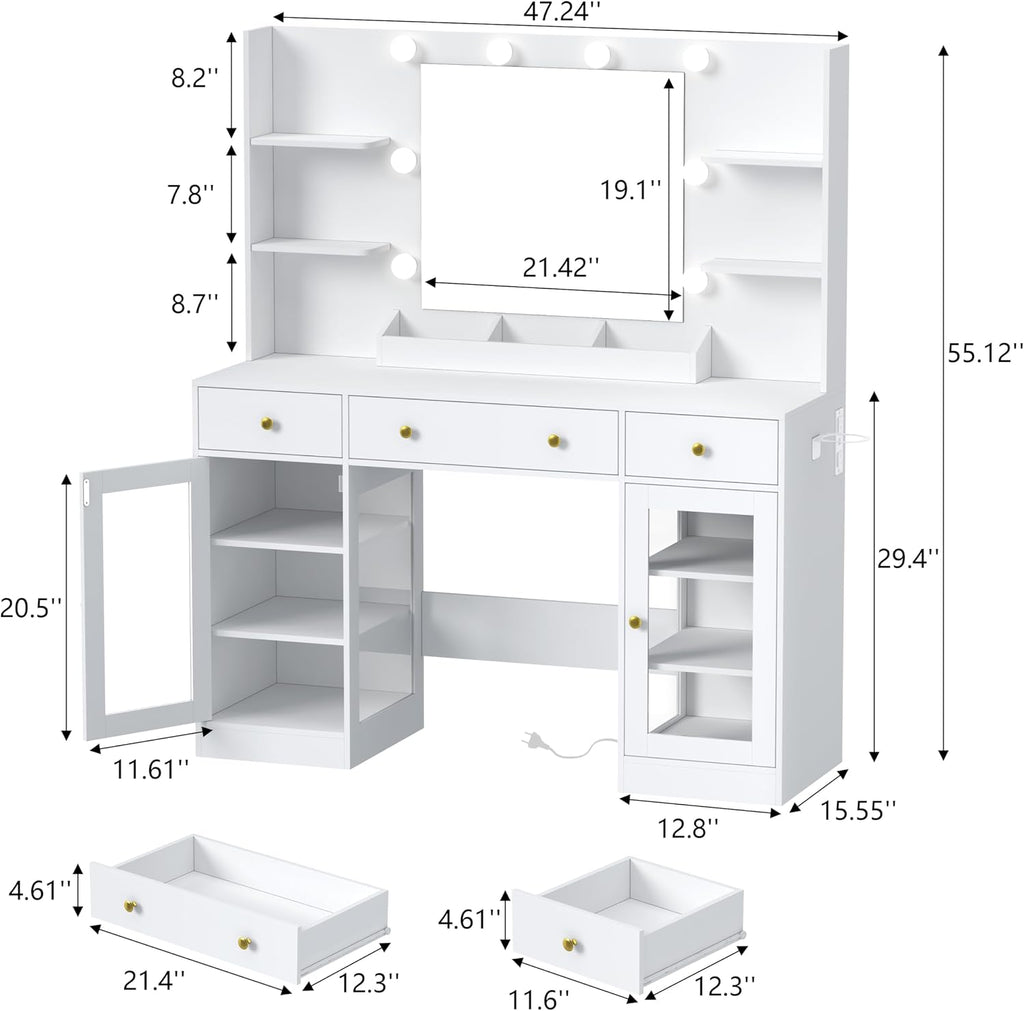 HUANLEGO Vanity Desk with Mirror and Lights, Large Makeup Vanity Set with Power Outlet & RGB Glass Cabinet, 3 Drawers, White Vanity Mirror with Lights Dressing Table for Girls Women, 3 Color Modes