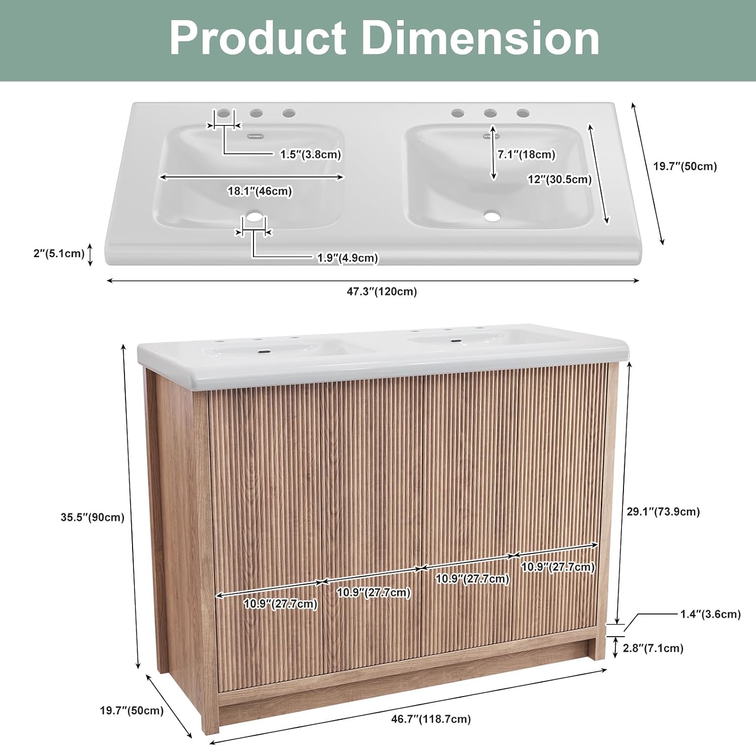 46.7 inch Bathroom Sink Vanity Combo, Large Freestanding Double Bath Vanity Sink Set with 4 Cabinets, Dual Basin Bathroom Storage Cabinet, Natural Wood Color