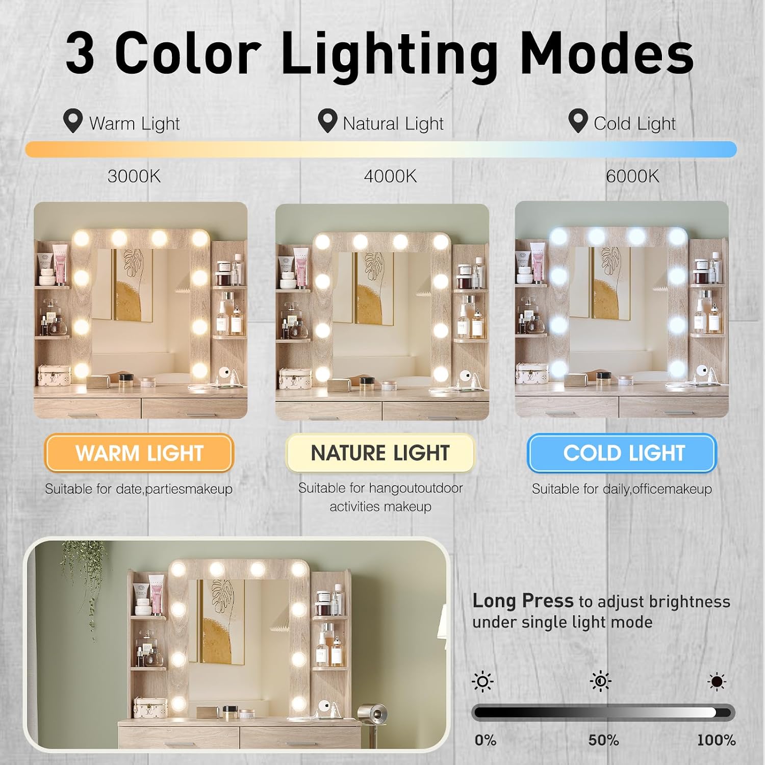 Vabches Vanity Desk with Mirror and Lights,Makeup Vanity Table with Charging Station,2 Drawer Bedroom Dressing Table with 3 Colors Modes Dimming & Cushioned Stool,Natural Oak