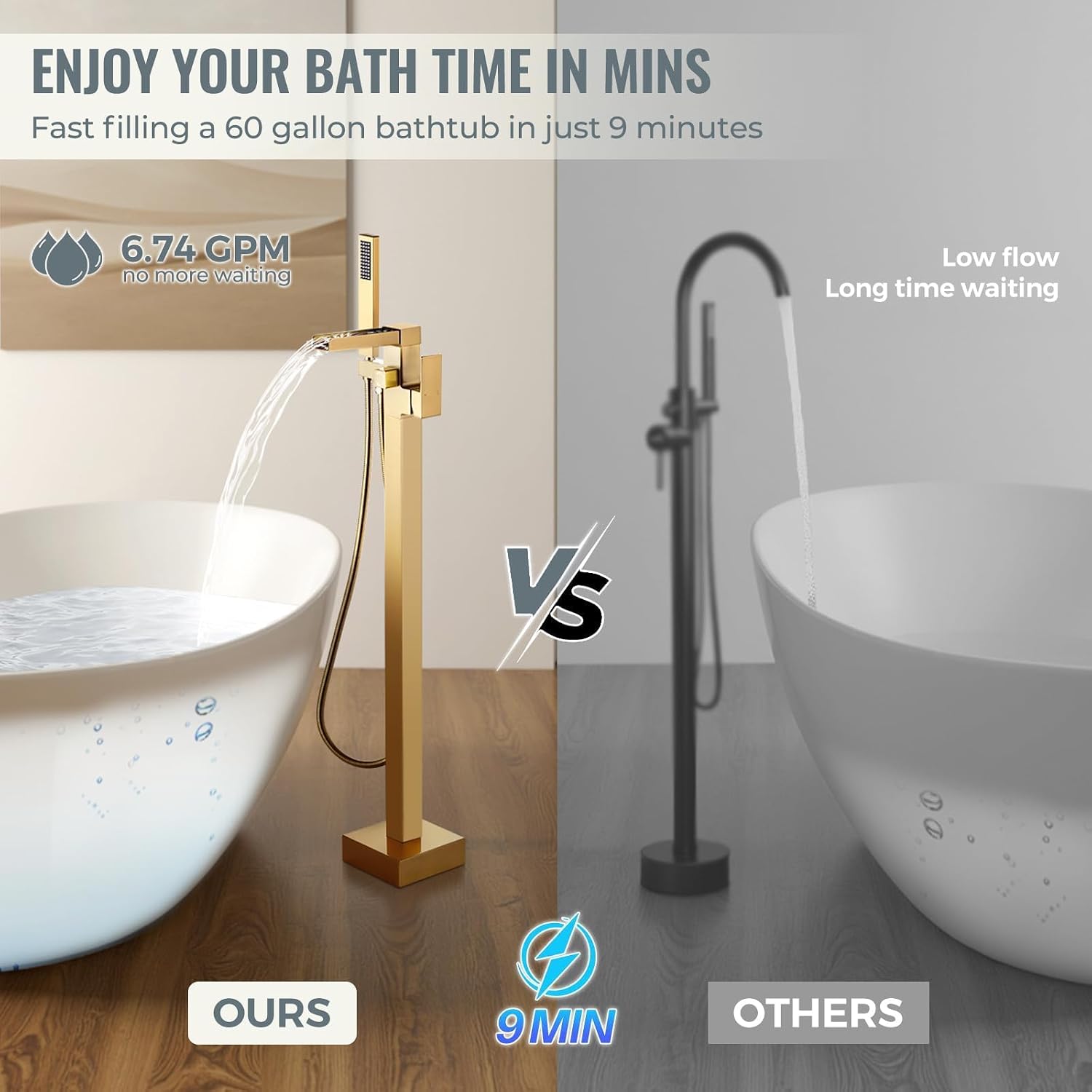Freestanding Tub Faucet Brushed Gold: ALEASHA High Flow Max 6.74 GPM Free Standing Tub Filler - Brass Modern Floor Mount Bathtub Faucet with Handheld Shower, for the Ultimate Elegant SPA Experience