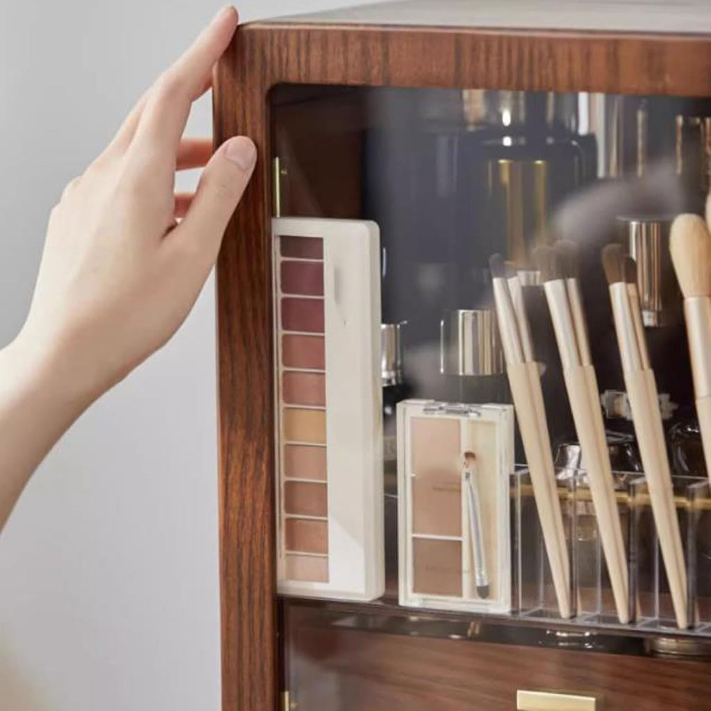 Makeup Organizer Solid Wood Makeup Storage Organizer Box Cabinet，Cosmetics storage display rack with Doors and Drawers，Dustproof, Elegant Display Cabinet，Suitable for Bathroom Countertop, Bedroom Dres