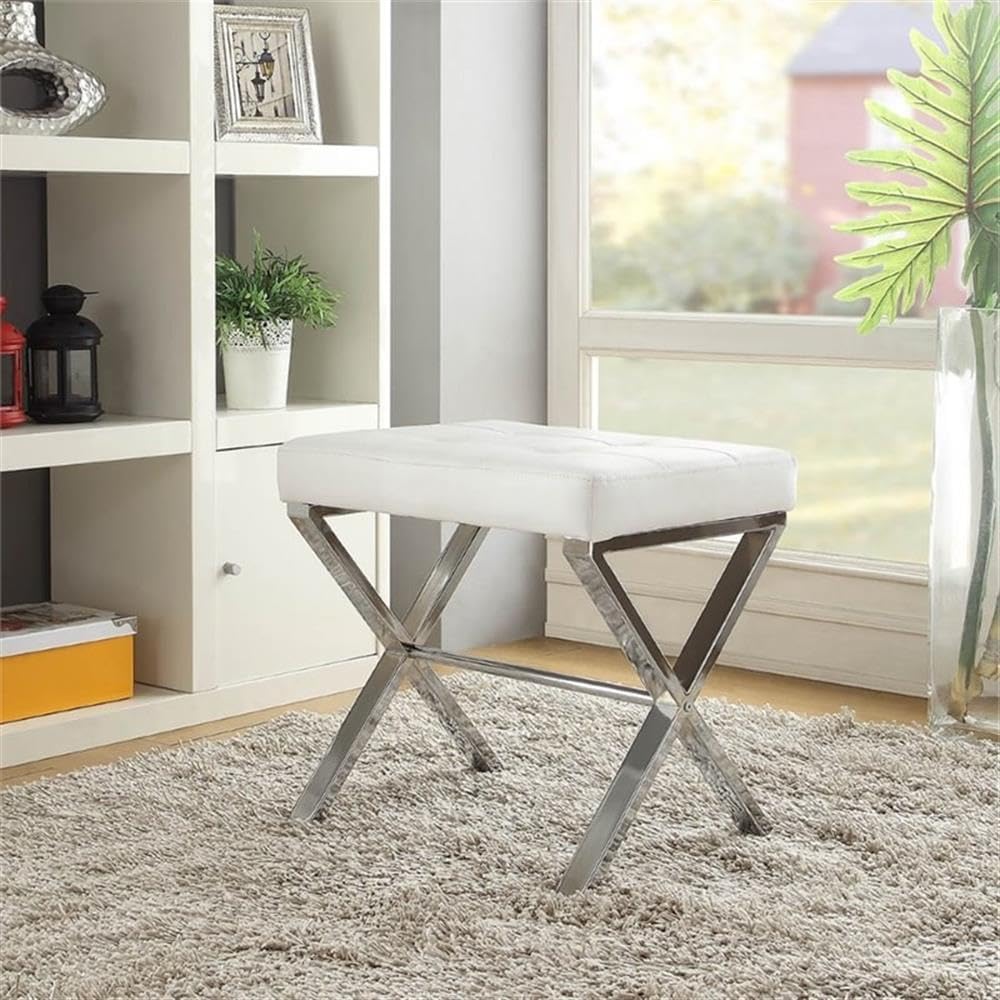 Pemberly Row Modern Vanity Bench, Chrome X-Base, White Faux Leather Upholstery, Tufted Cushion, 20' L x 16' D x 19' H, Sleek Contemporary Design for Bedroom or Indoor Use
