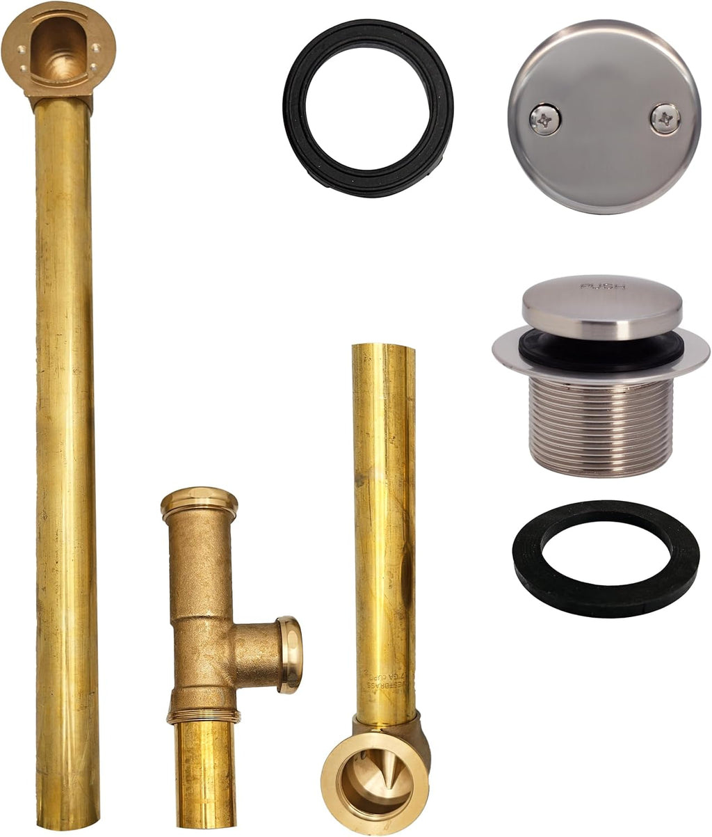 Westbrass A326-07 22-1/2' Brass Bath Waste & Overflow Assembly with Tip-Toe Drain Plug and 2-Hole Faceplate, Satin Nickel