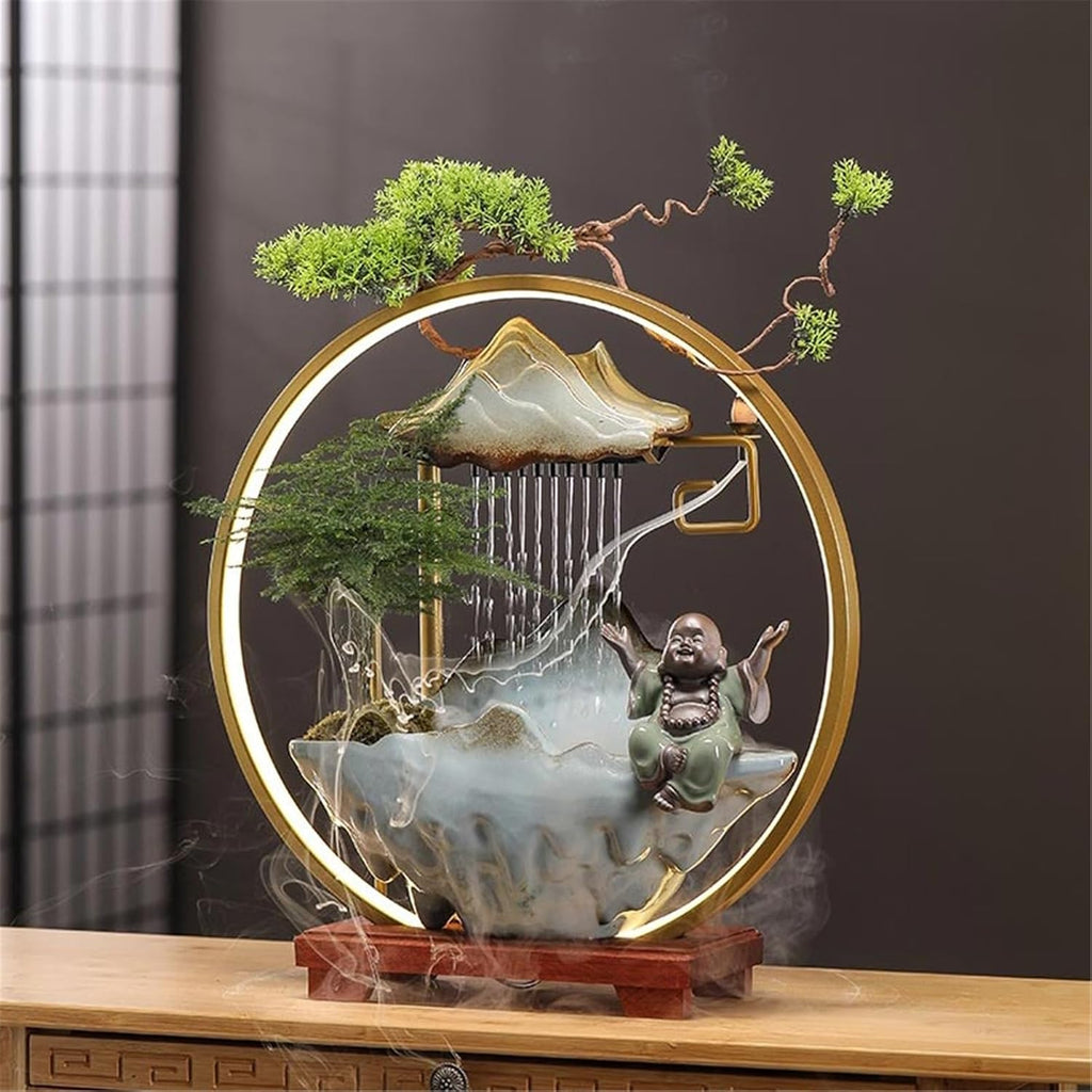 Tabletop Fountain Indoor Waterfall Fountain with LED Light and Incense Holder, Meditation Decoration for Home Office