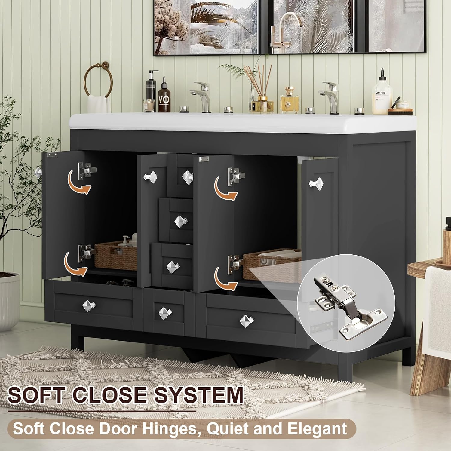 Bathroom Vanities with Sink Combo, 48' Modern Double Bathroom Vanity with 4 Doors & 5 Drawers, Freestanding White Bathroom Cabinet with Double Ceramic Sink, Black