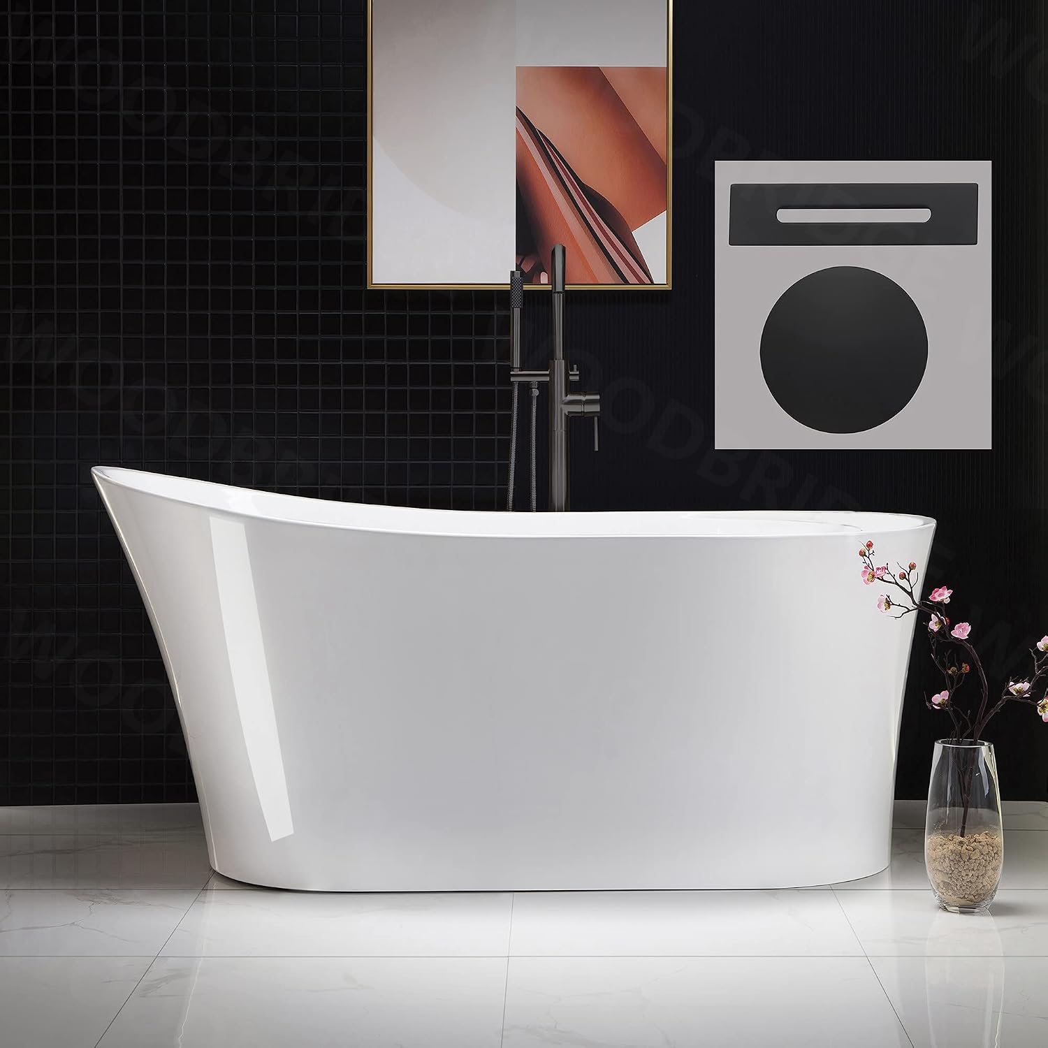 WOODBRIDGE 59' Acrylic Freestanding Bathtub Contemporary Soaking White Tub with Matte Black Overflow and Drain，B0083-MB-Drain&O