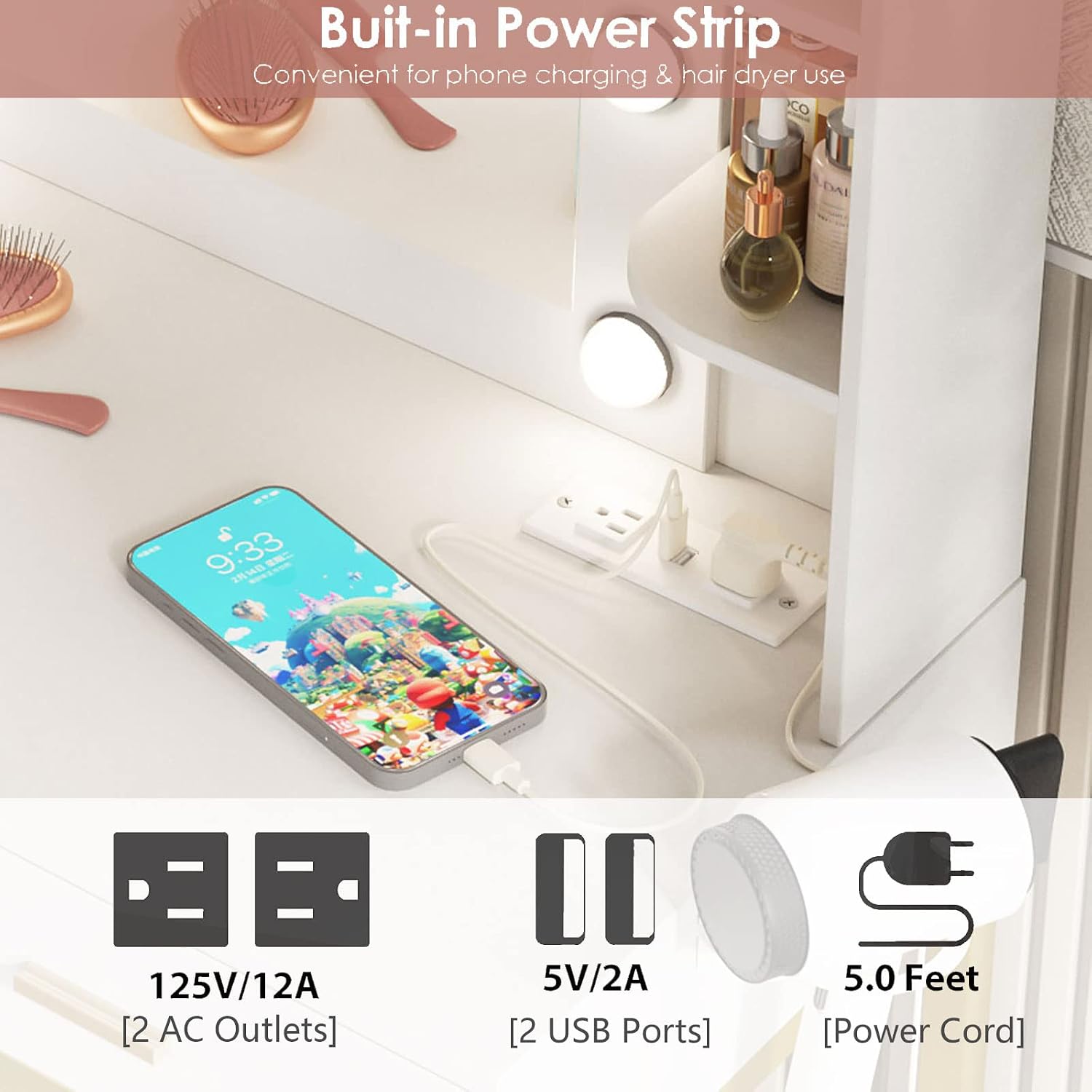 Vabches Vanity Desk with Mirror and 10 Led Lights, with Charging Station,Makeup Vanity Table Set with Lighted Mirror, with 3 Lighting Modes and 2 Drawers&Cushioned Stool for Bedroom