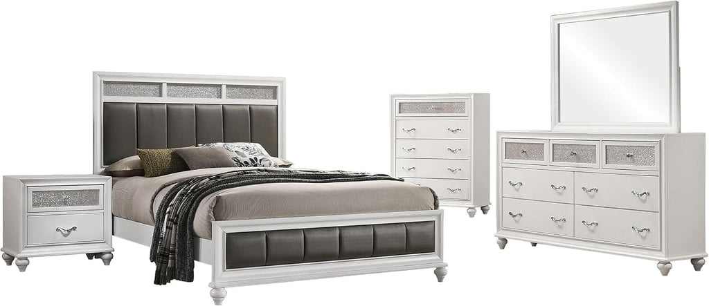Coaster Home Furnishings Barzini Modern Classic 5-Piece Bedroom Set Leatherette Upholstered California King Size Panel Bed Frame 56-inch Headboard White 205891KW-S5