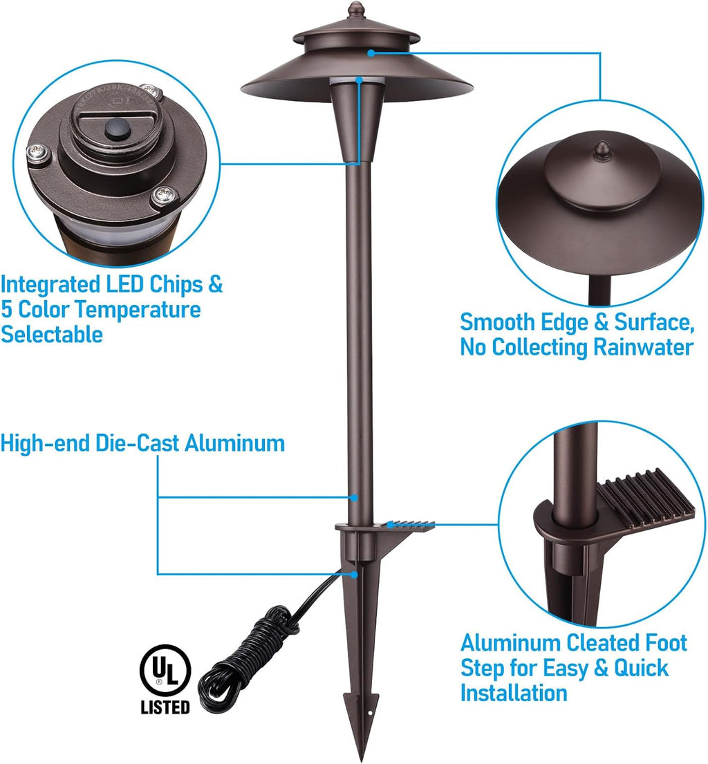 LEONLITE 5CCT Low Voltage Pathway Lights, LED Landscape Path Lights, 1800/2700/3000/4000/5000K, Double Layer Head, 12-24V AC/DC, IP65 Outdoor Walkway Light, Oil Rubbed Bronze Aluminum, Pack of 6