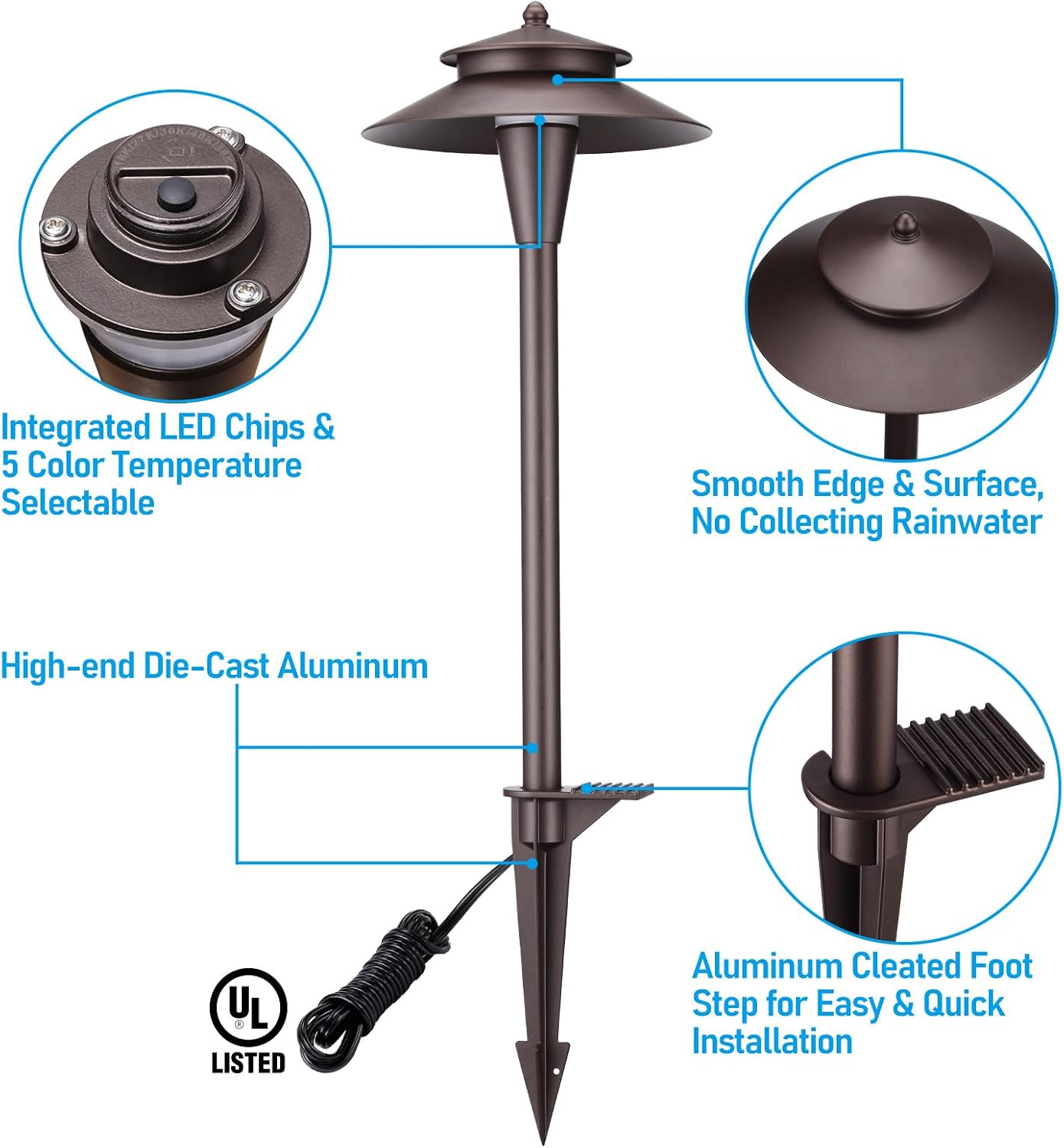 LEONLITE 5CCT Low Voltage Pathway Lights, LED Landscape Path Lights, 1800/2700/3000/4000/5000K, Double Layer Head, 12-24V AC/DC, IP65 Outdoor Walkway Light, Oil Rubbed Bronze Aluminum, Pack of 6