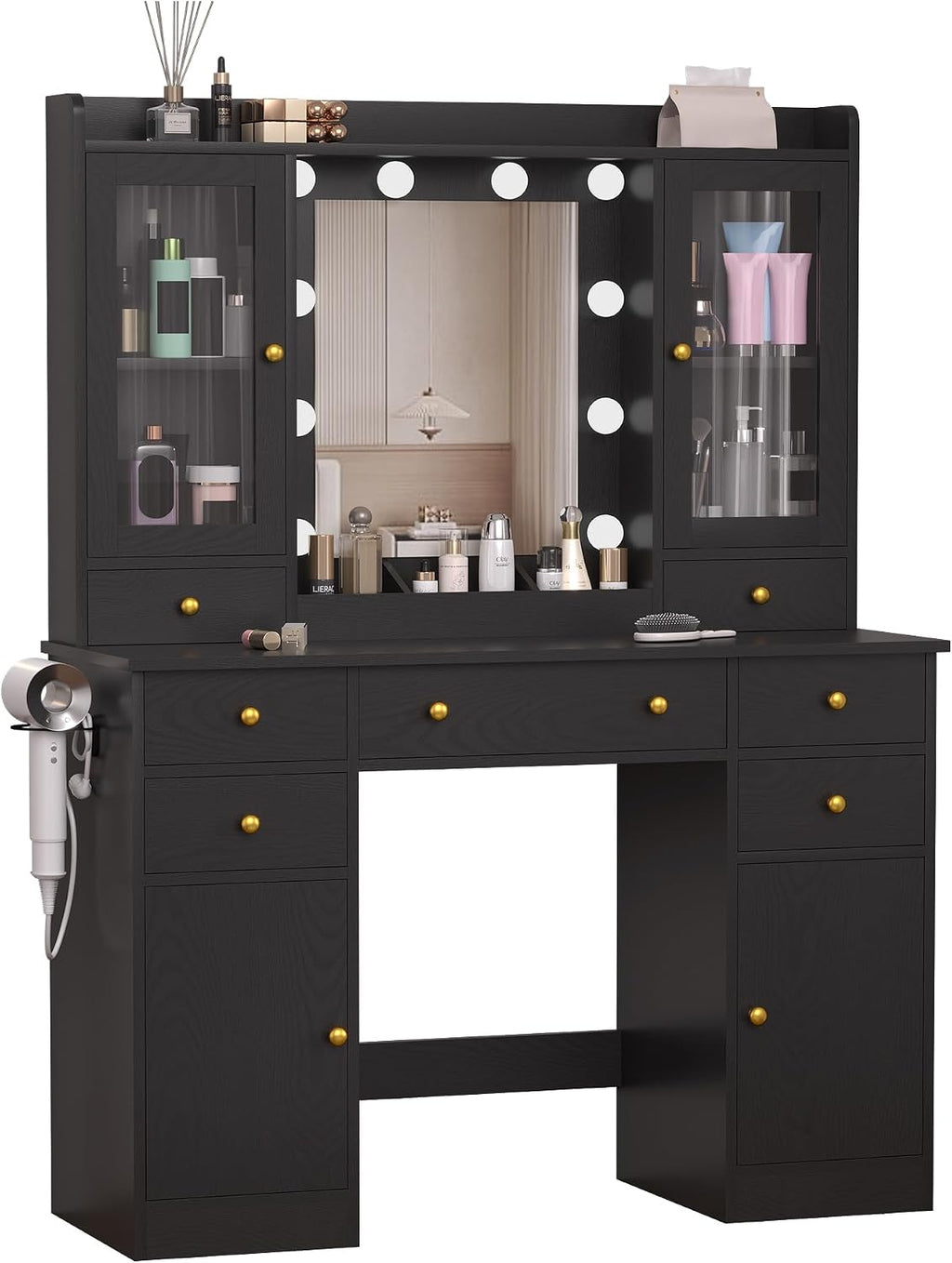 Wodeer Vanity Desk with Mirror and Lights, 43' Black Makeup Vanity Set with 5 Drawers & Glass Cabinets, Power Outlet, Adjustable LED Lights & Makeup Tray, Dressing Table for Women & Girls Bedroom