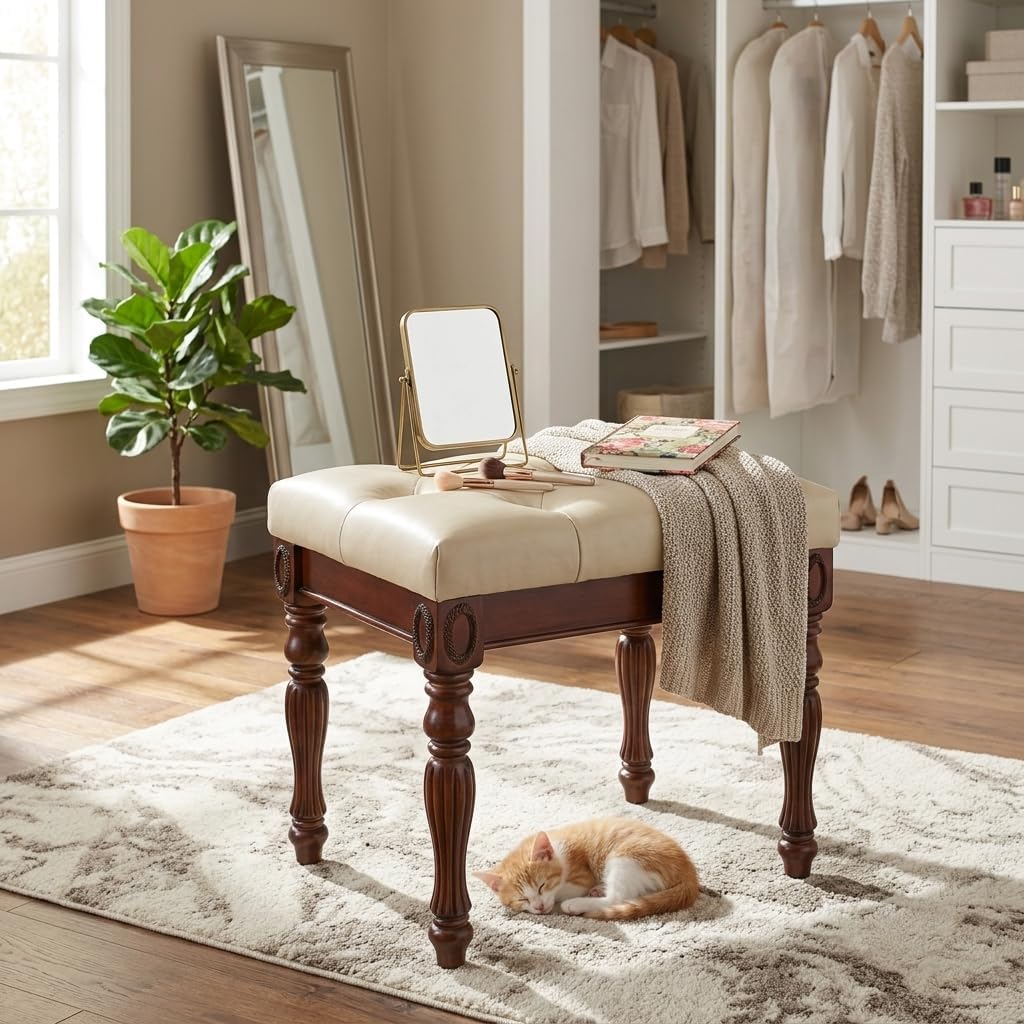 Vanity Stool Bench for Makeup Room, Upholstered Piano Benches with Faux Leather, Shoe Bench- with Carved Wood Leg, 18.5' x 14' x 19' Bed End Benchss, Tool-free Assembly, Cherry Red & Beige FD1533BG