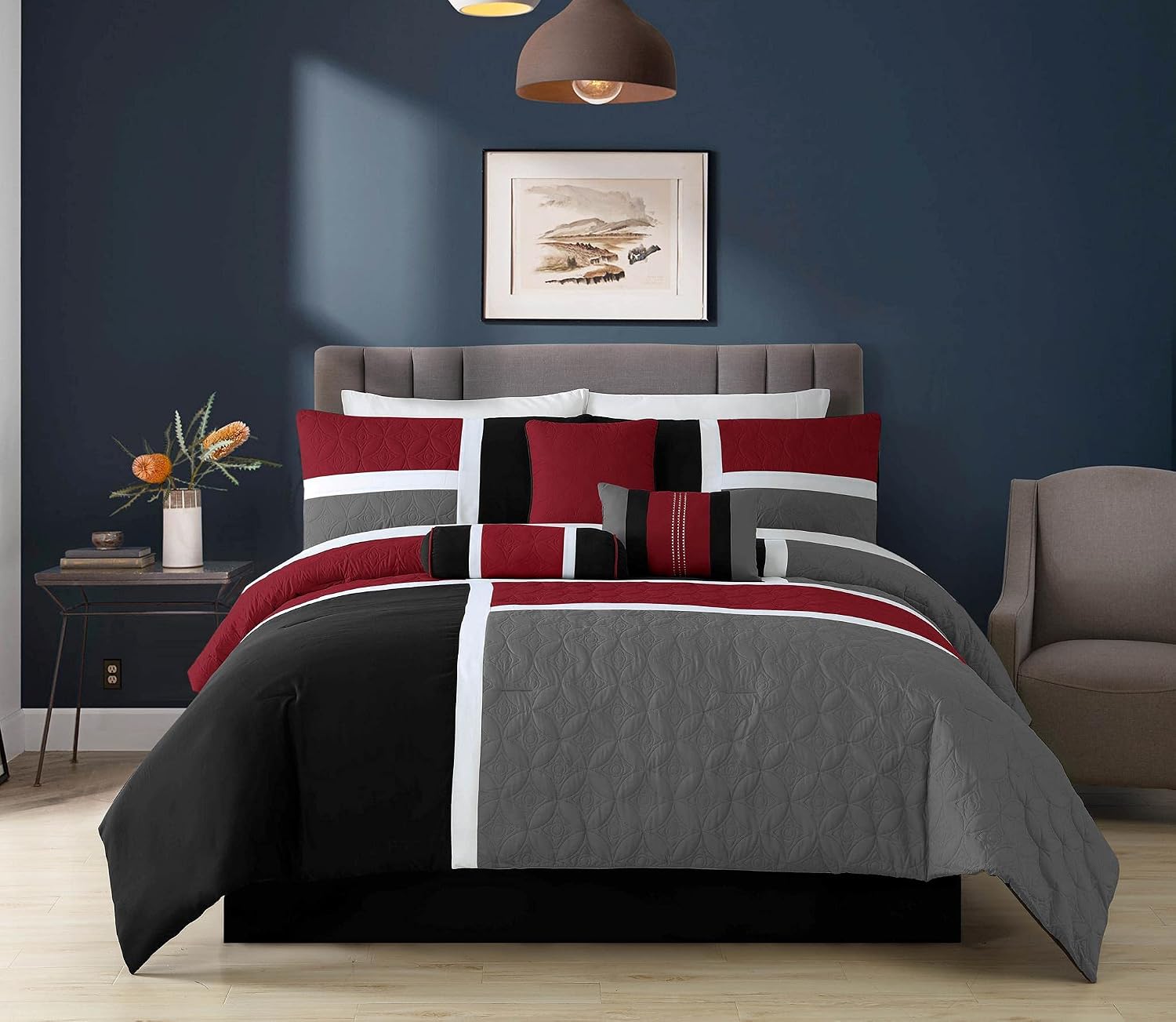 Chezmoi Collection Upland 7-Piece Quilted Patchwork Comforter Set, Red/Gray/Black, Oversized King