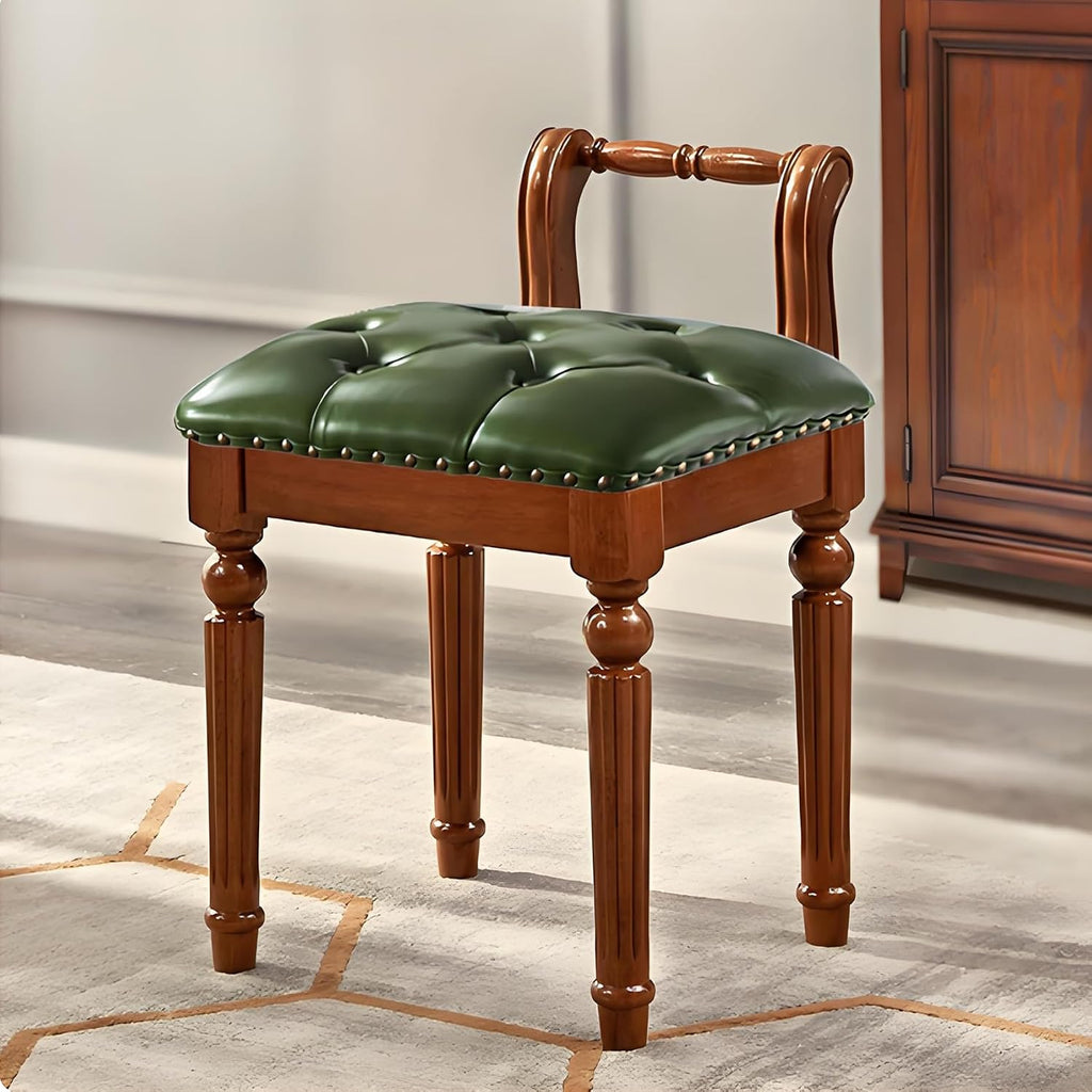Domesto Low Back Vanity Bench Stool with Padded Cushion, Leather Retro Makeup Stool, Solid Wood Carving Legs Piano Bench (Green)