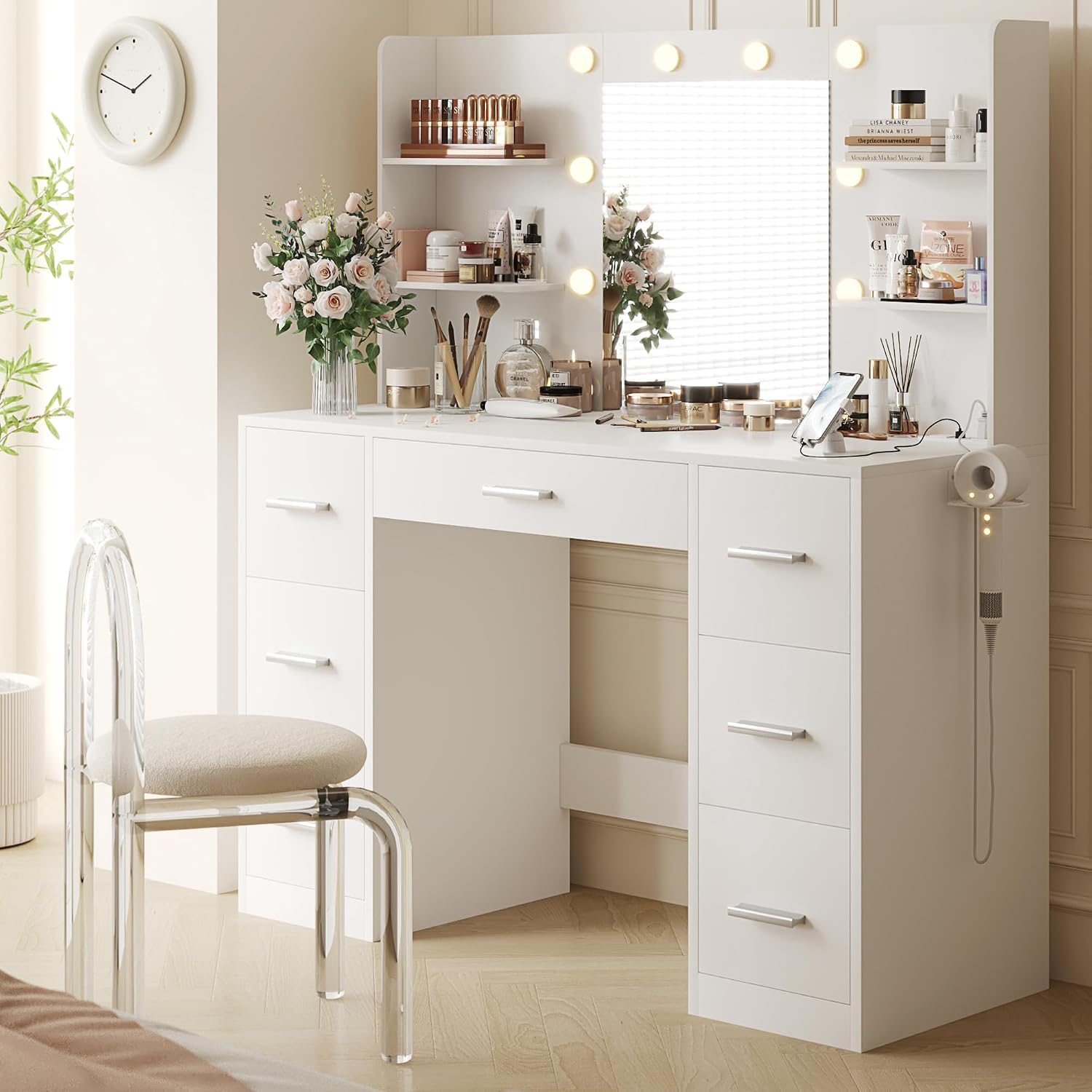YESHOMY Vanity Desk with Mirror, Power Outlet and 10 Lights, Makeup Table with 7 Drawers, 3 Color Modes Available for Bedroom, Pure White