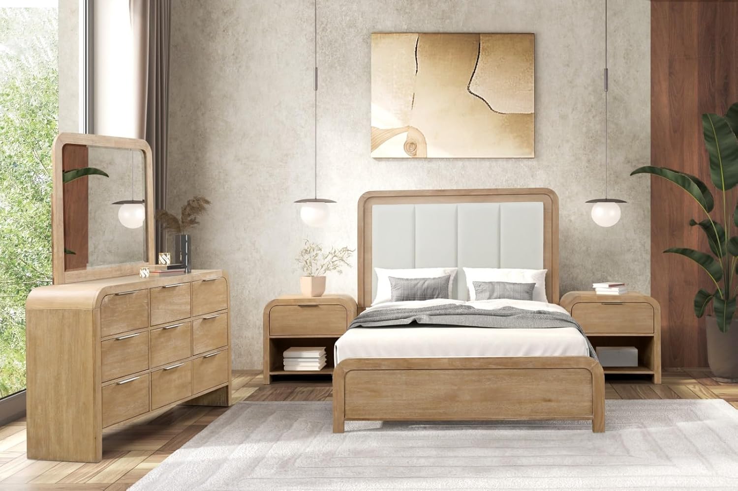 MASARA 3-Piece Transitional Bedroom Set, Natural, Queen Or King Bed with 2 Nightstands, Solid Rubberwood and Mango Veneer (Queen)