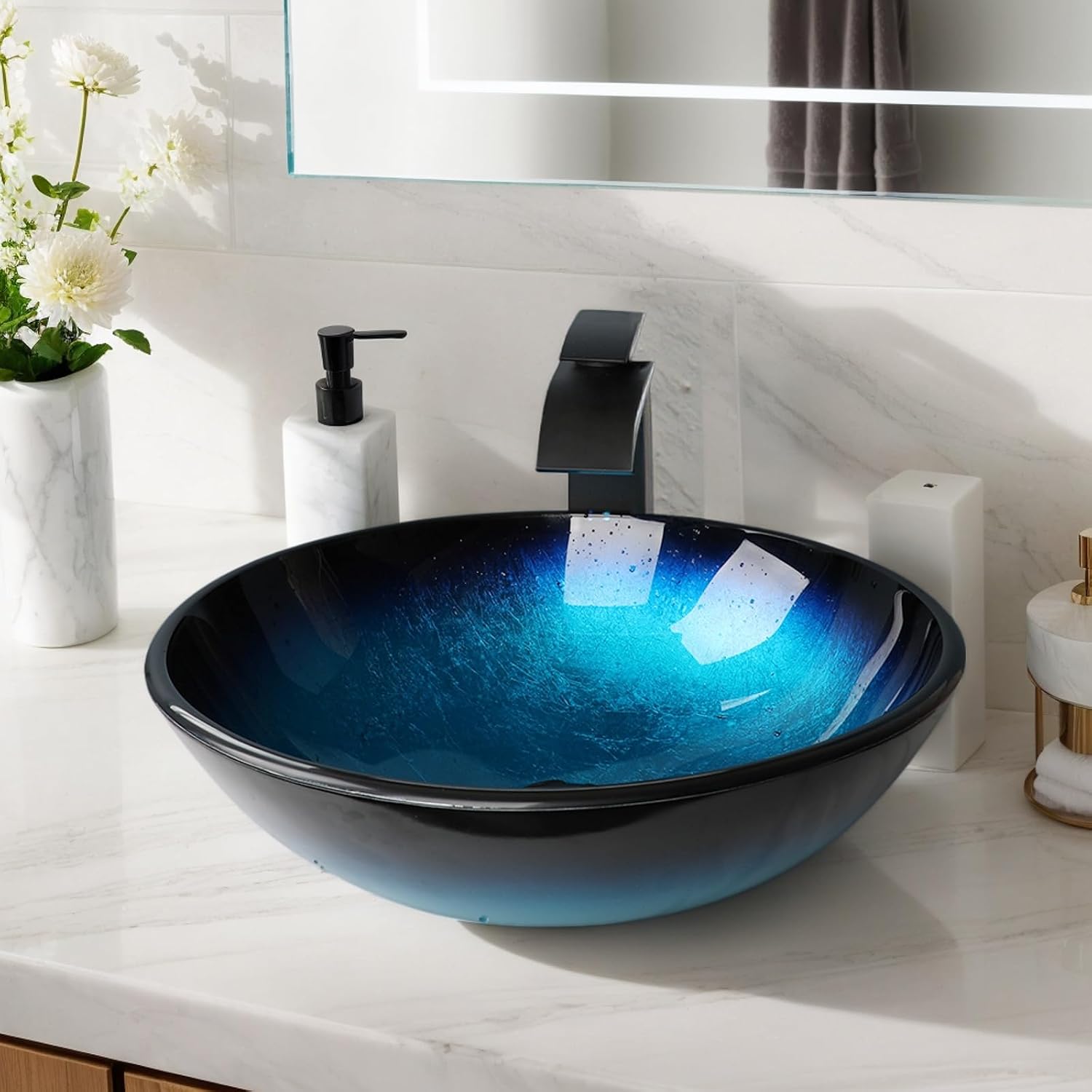 Blue Bathroom Sinks Balck Glass Vessel Sinks for Bathroom Countertop Round Vanity Sink Bowl Combos Black Mixer Faucet and Drain Set Glass Basin Bowl for Bathrooms Large