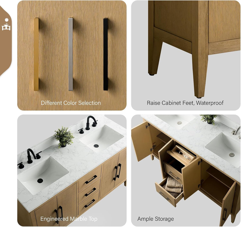 Vanity Art 60 inch Bathroom Vanity with Double Sink & Ceramic Top, Vanity Cabinet with Soft-Closing Doors, Drawers, Solid Wood Frame, Natural Oak, VA9060-DNO-GB1