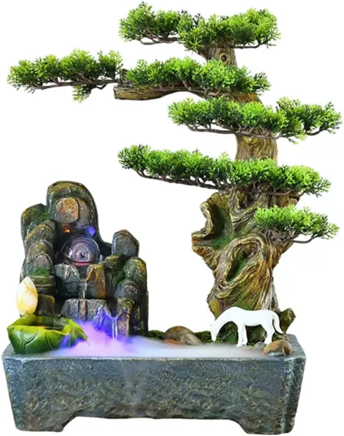 Desktop Fountain Chinese Resin Indoor Tabletop Fountain Artificial Tree Potted Water Feature Rockery Waterfall for Home Office Bedroom Desk Decoration