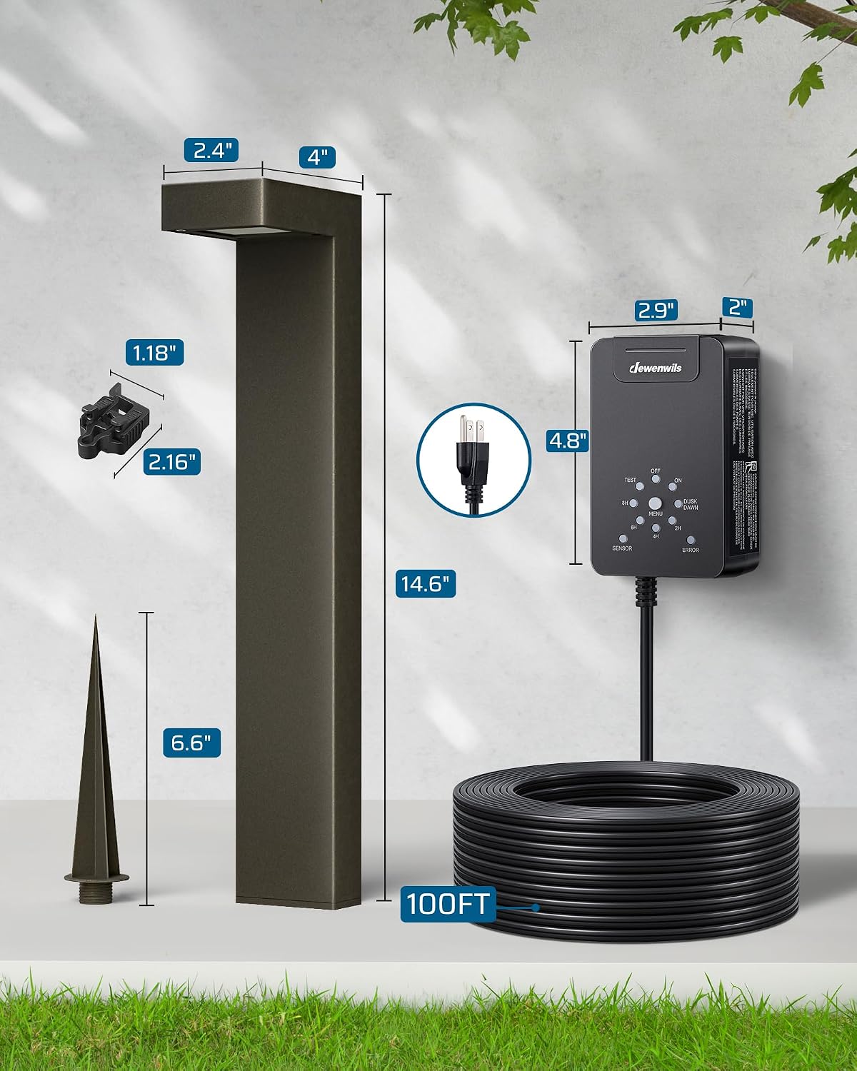 DEWENWILS 12V Landscape Lighting kit, 1x120W Transformer with Dusk to Dawn Photocell Sensor+8x3.2W Aluminum Low Voltage Pathway Lights, 100FT Wire+8 Pack Connector for Patio Yard Garden