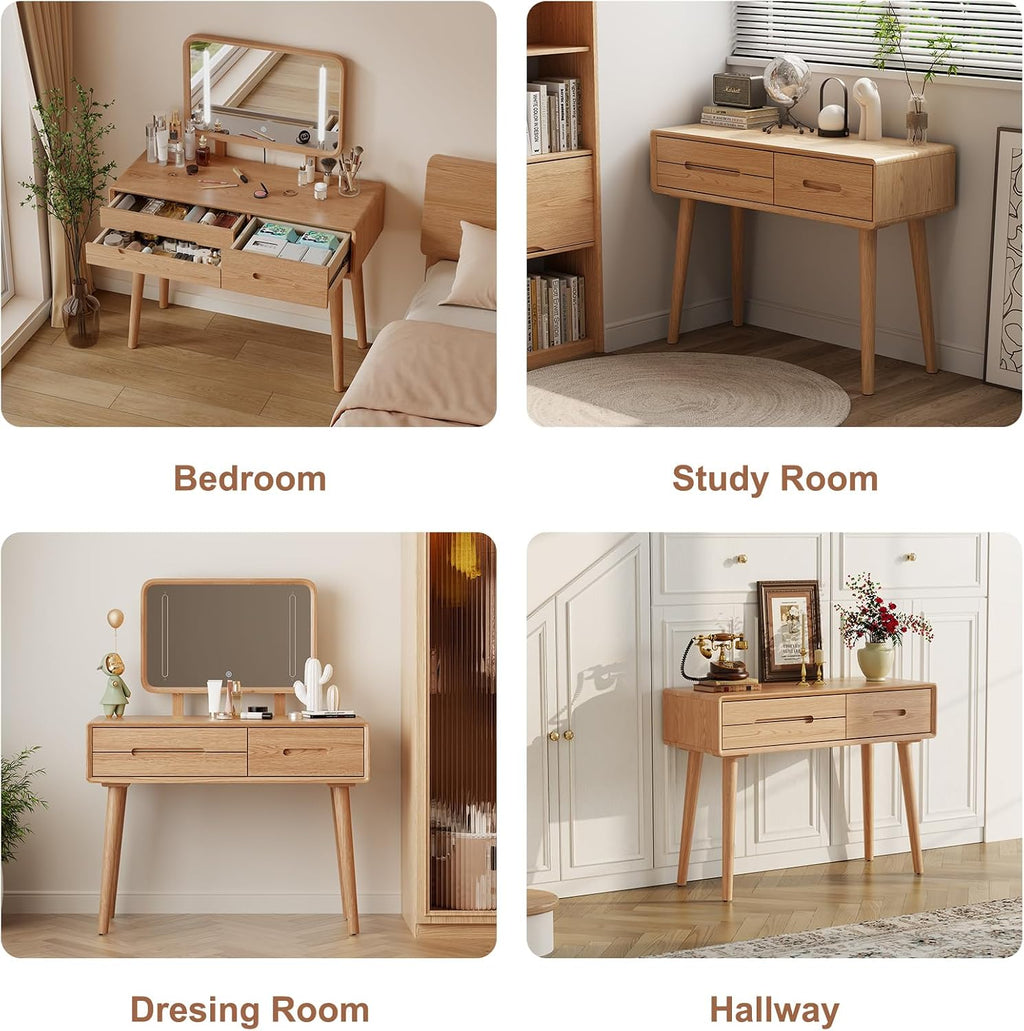 Solid Wood Vanity with Mirror and Lights, Adjustable Brightness, Wood Makeup Vanity with 3 Drawers, Semi-Assembled, Vanity Desk for Bedroom (Natural)