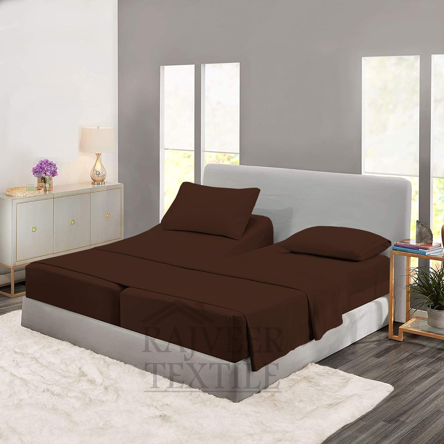 Cotton Home- 5 Pieces Split King Size Chocolate Color Sheet Set – Soft Quality Luxury 18 Inch Deep Pocket & Bedding Set with Flat Sheet, Fitted Sheet, 2-Pillow Covers(20' x 30')Inches