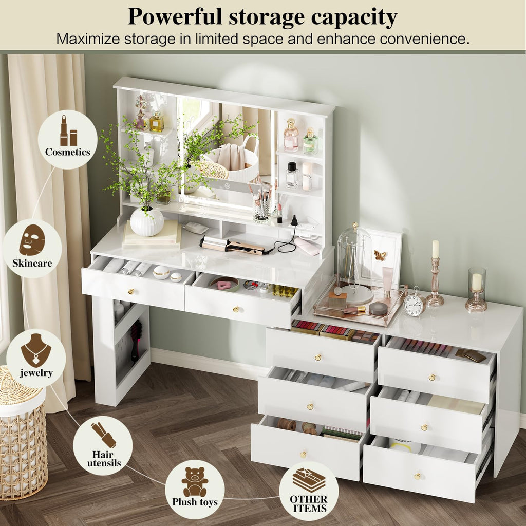 Ieejdn Makeup Vanity Desk with Mirror and Lights, Vanity Desk with 8 Drawers & Storage Shelves, Vanity Table with Power Outlet, 3 Color Modes & Adjustable Brightness Dressing Table, Bedroom,White